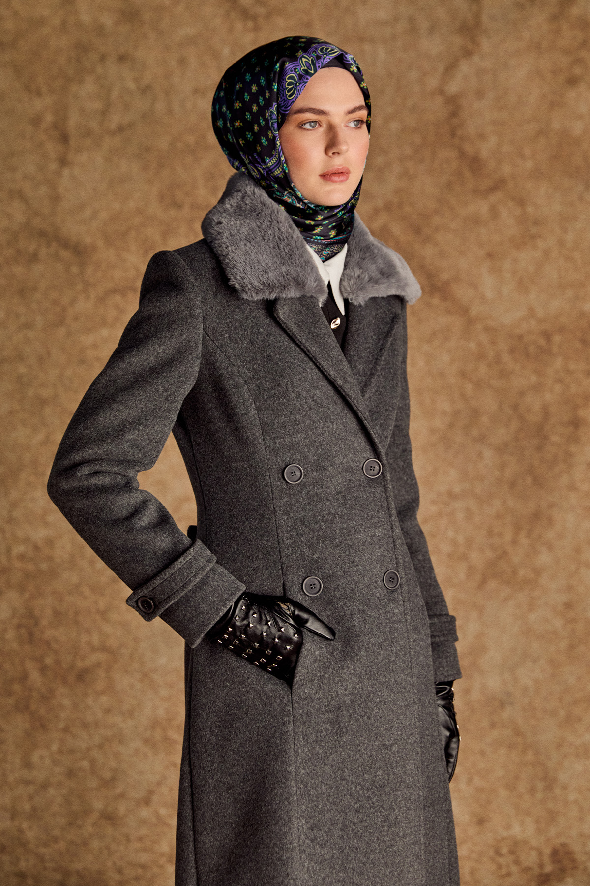 Suni Kürk Detaylı Kruvaze Kaşe Manto