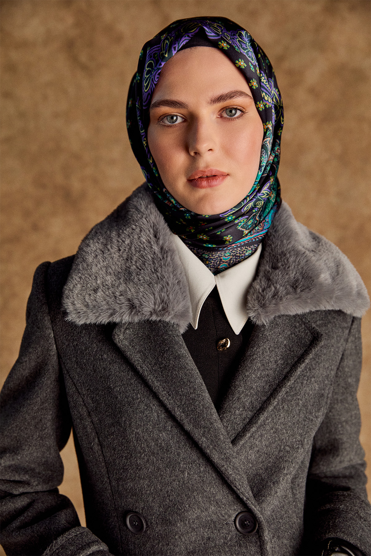 Suni Kürk Detaylı Kruvaze Kaşe Manto