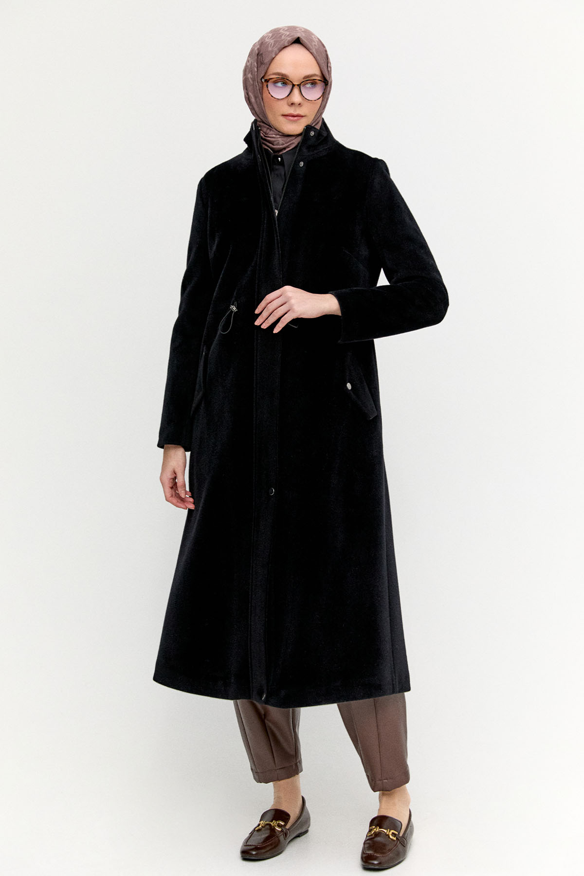 Stoperli Fermuarlı Kaşe Kaban, Tesettür Giyim