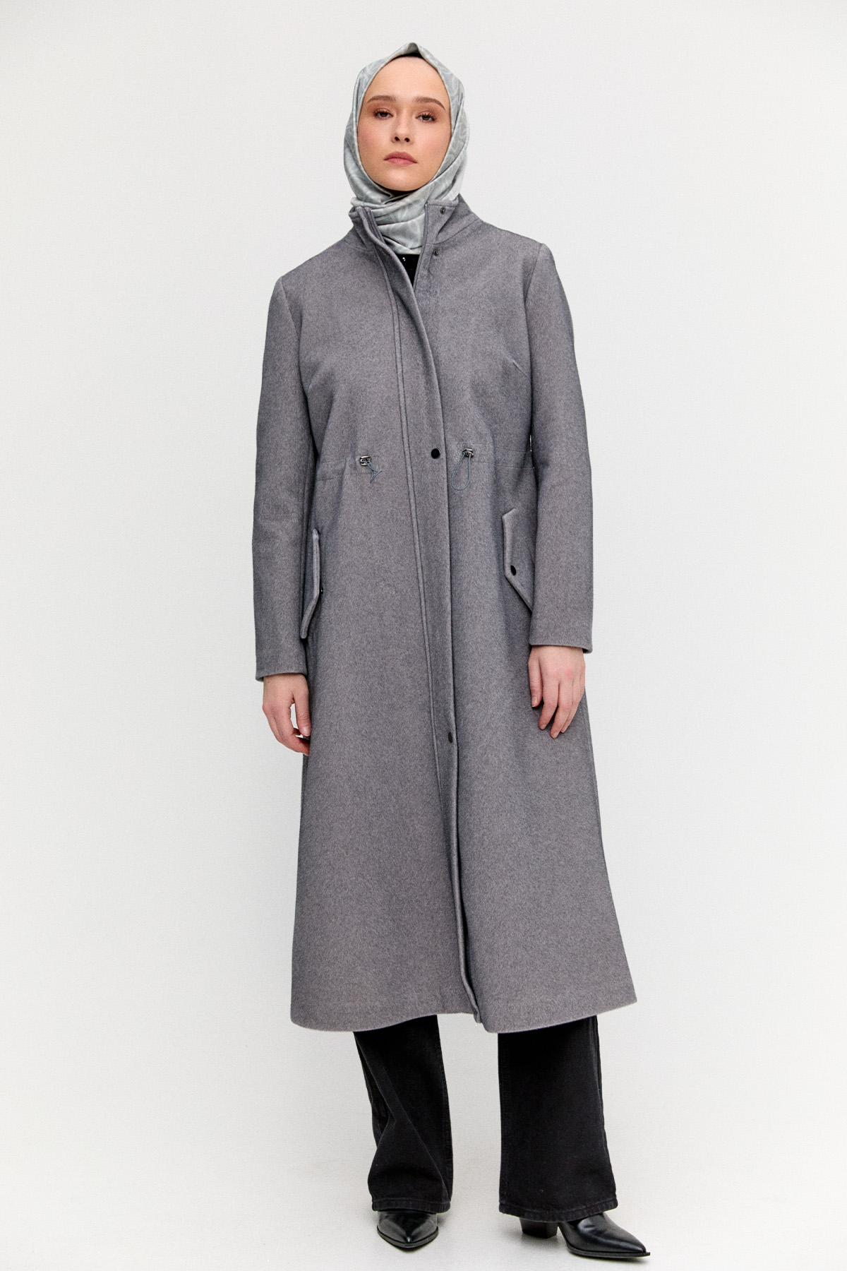 Stoperli Fermuarlı Kaşe Kaban, Tesettür Giyim