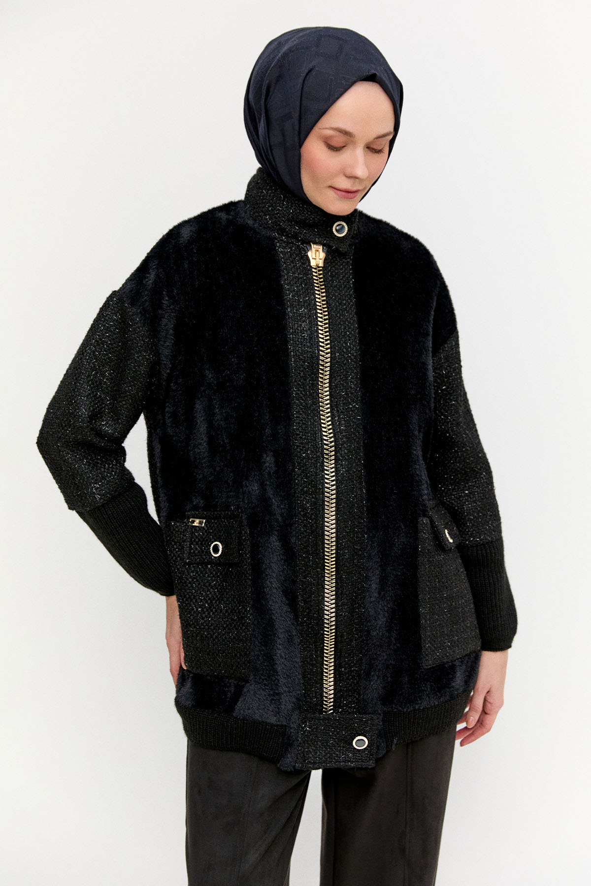 Yüksek Yakalı Oversize Kaban, Tesettür Giyim