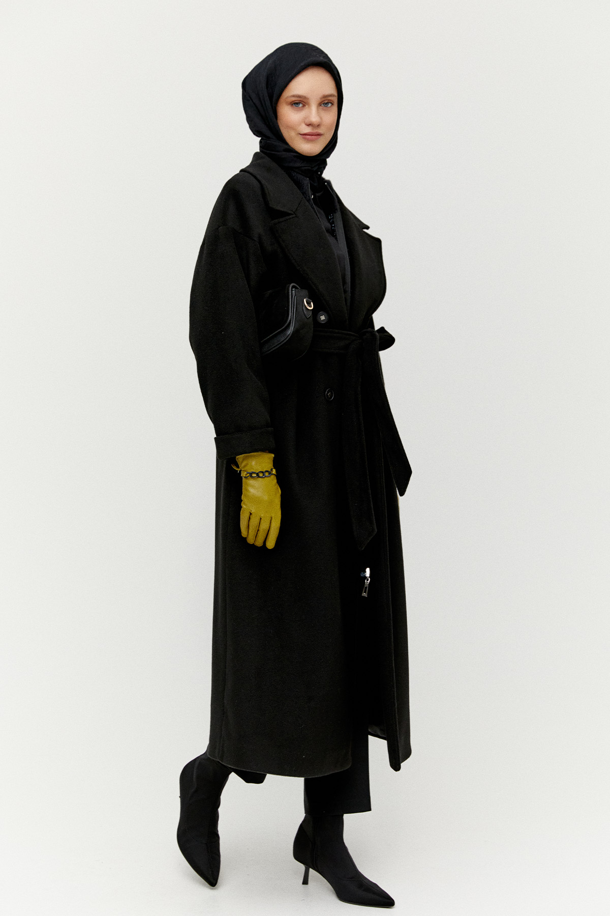 Ceket Yakalı Kuşaklı Kruvaze Kaşe Kaban