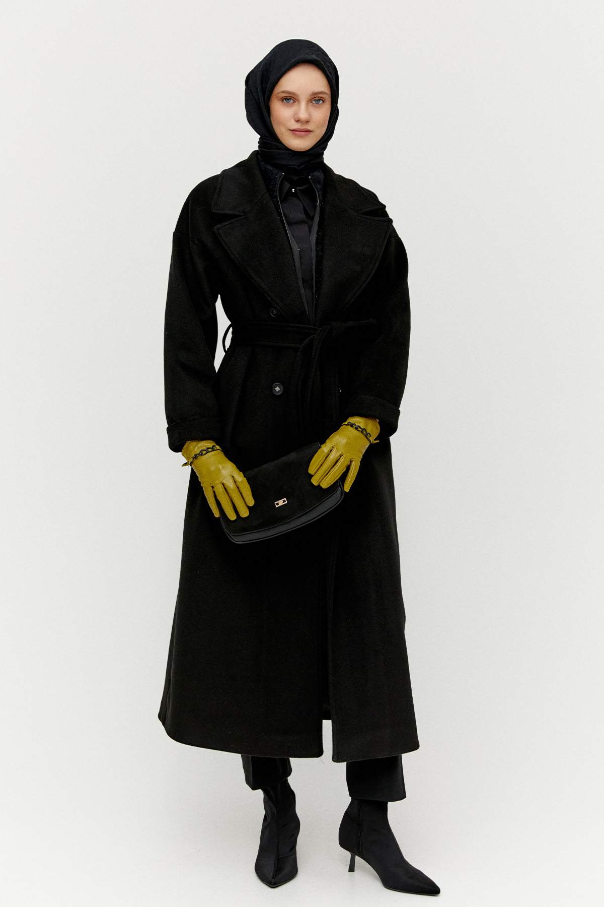 Ceket Yakalı Kuşaklı Kruvaze Kaşe Kaban