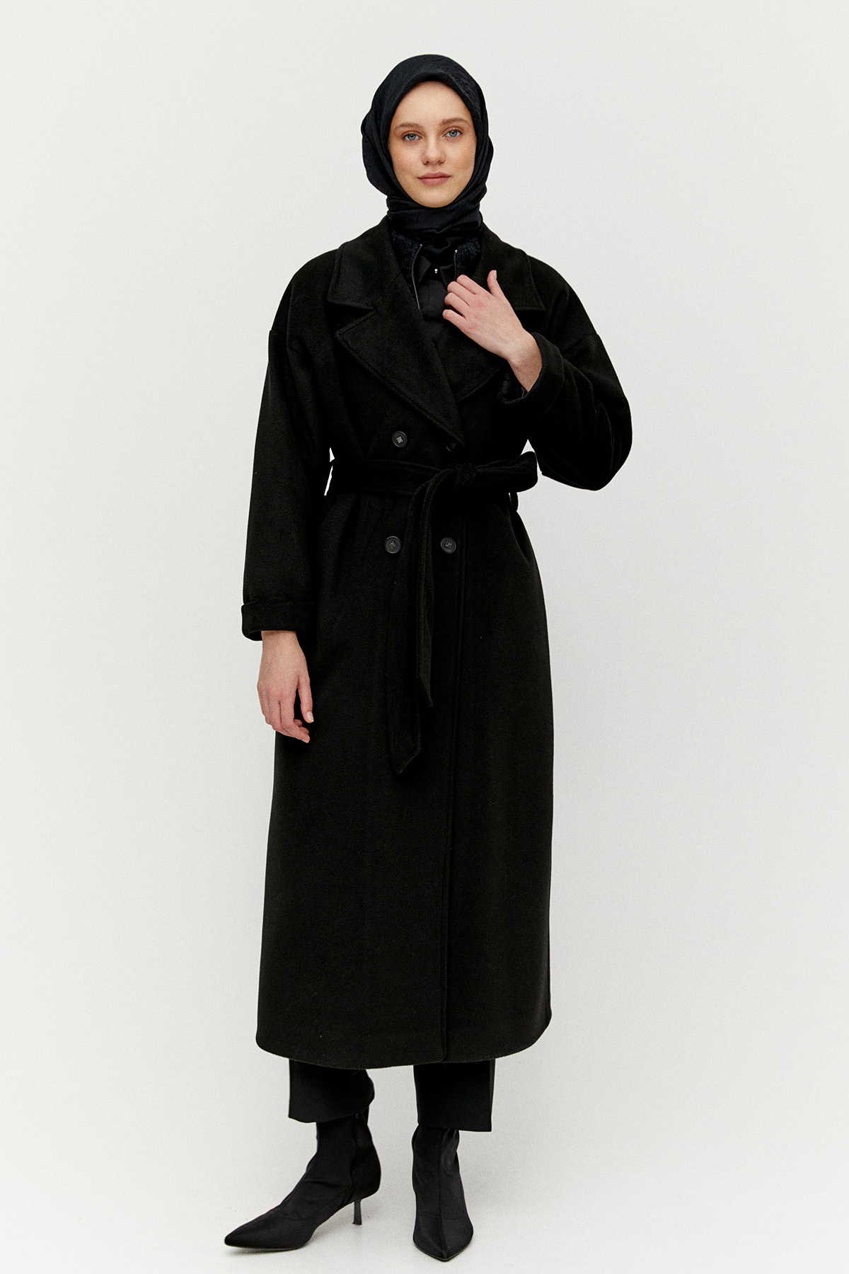 Ceket Yakalı Kuşaklı Kruvaze Kaşe Kaban