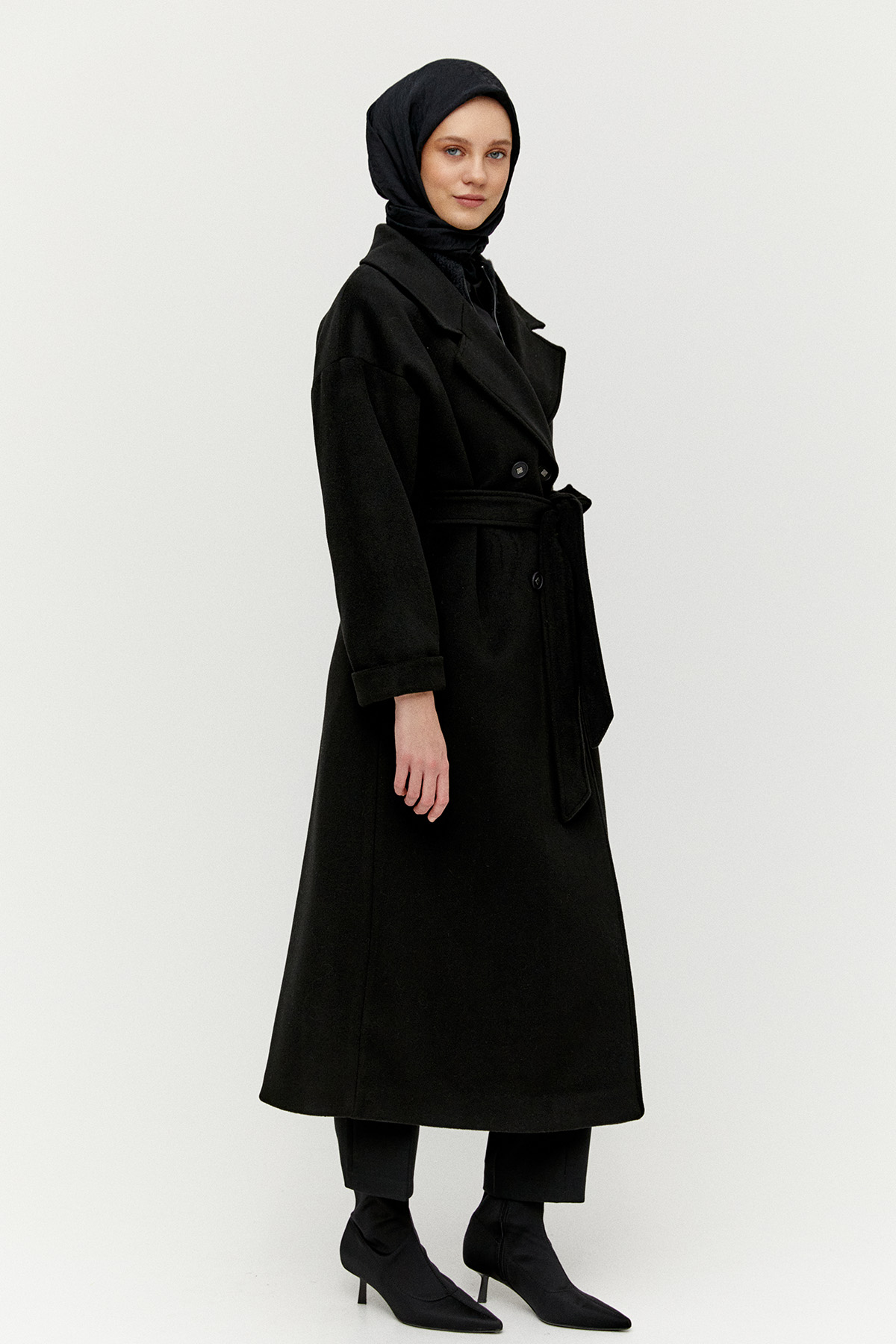 Ceket Yakalı Kuşaklı Kruvaze Kaşe Kaban