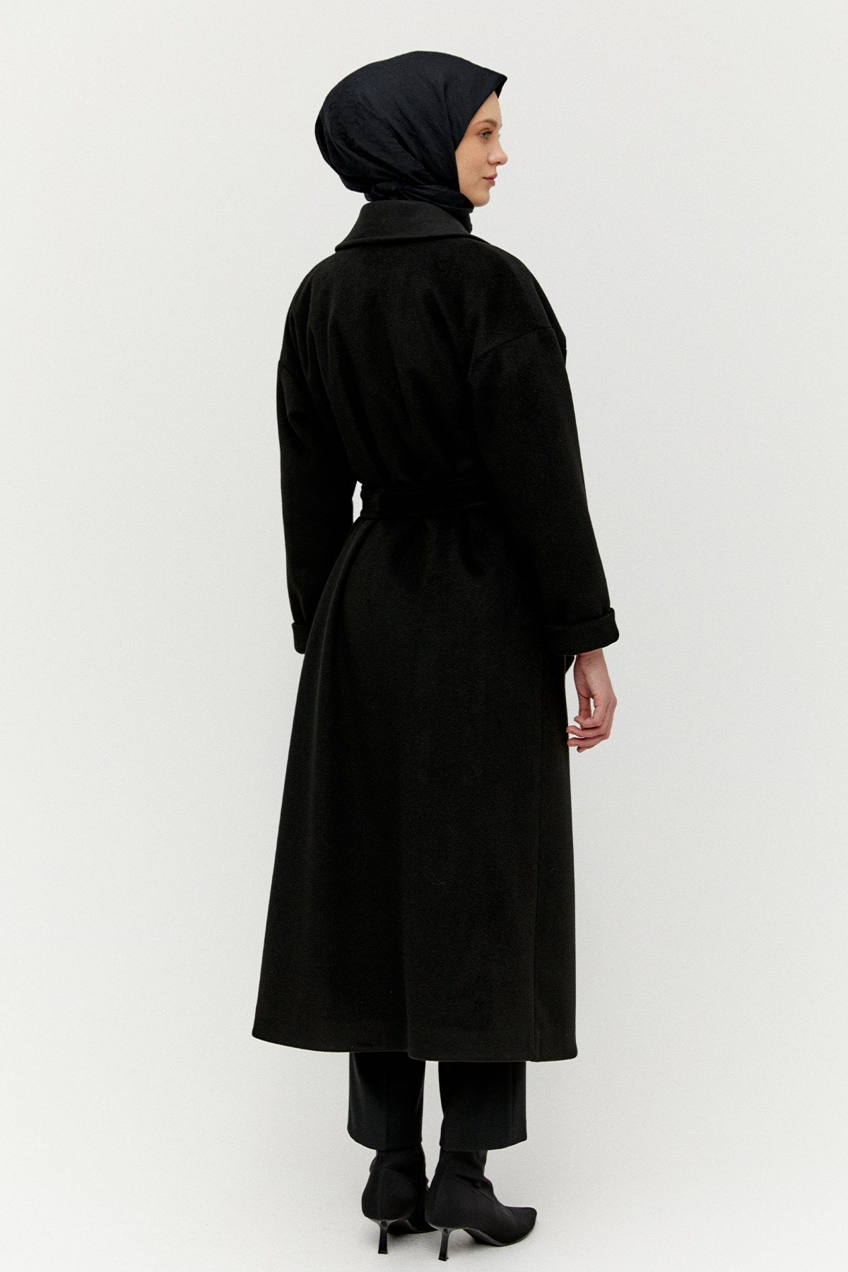 Ceket Yakalı Kuşaklı Kruvaze Kaşe Kaban