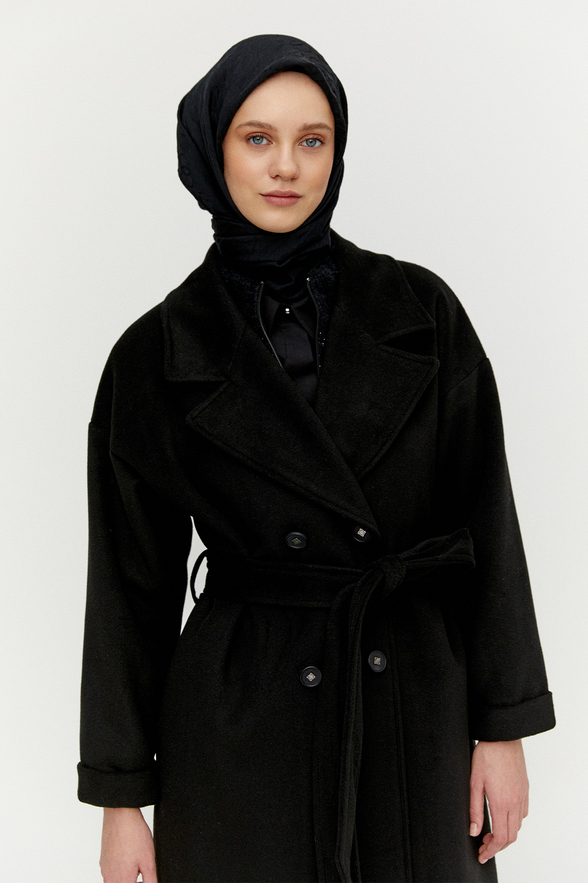 Ceket Yakalı Kuşaklı Kruvaze Kaşe Kaban