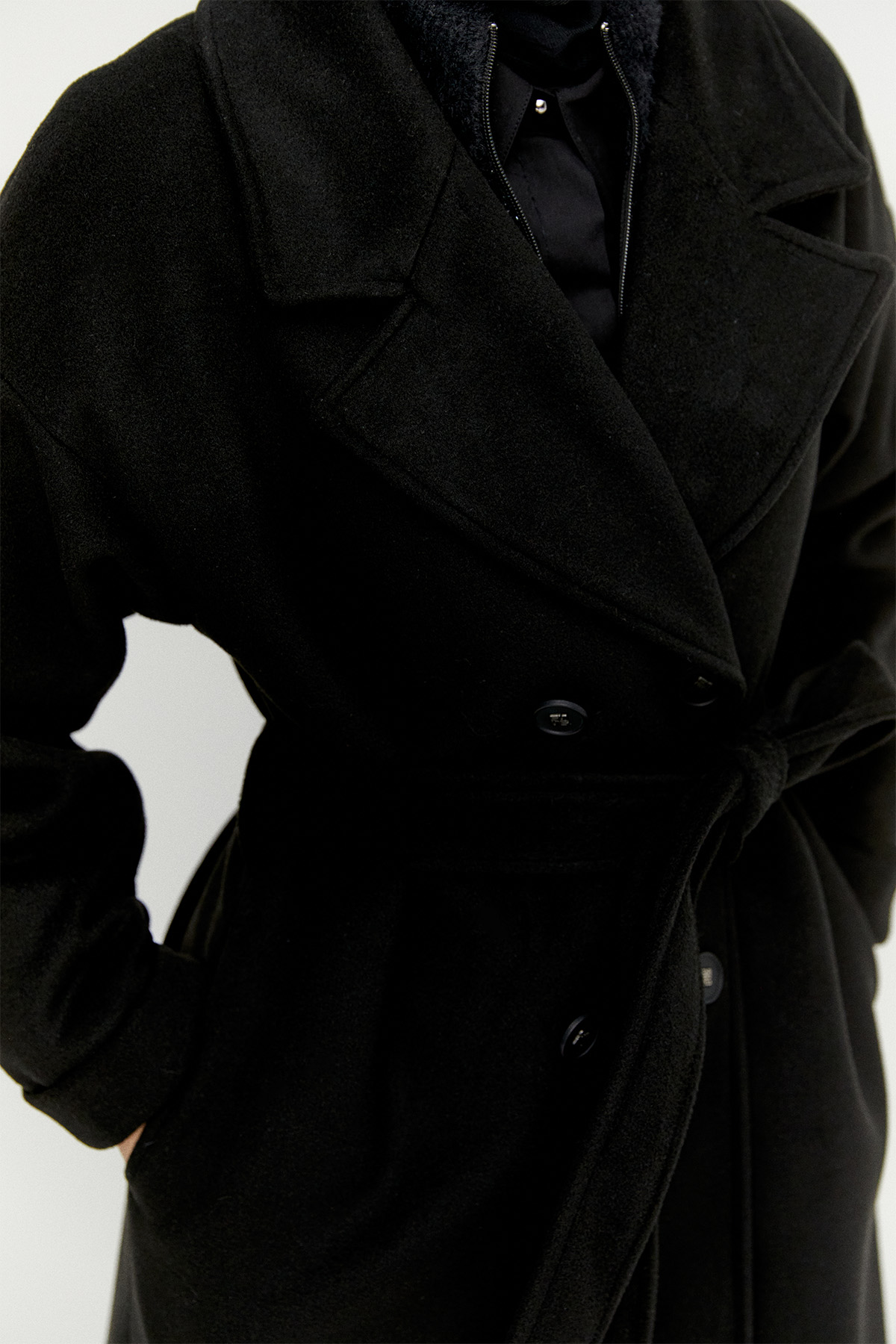 Ceket Yakalı Kuşaklı Kruvaze Kaşe Kaban