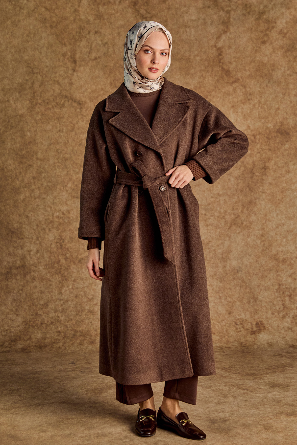 Ceket Yakalı Kuşaklı Kruvaze Kaşe Kaban