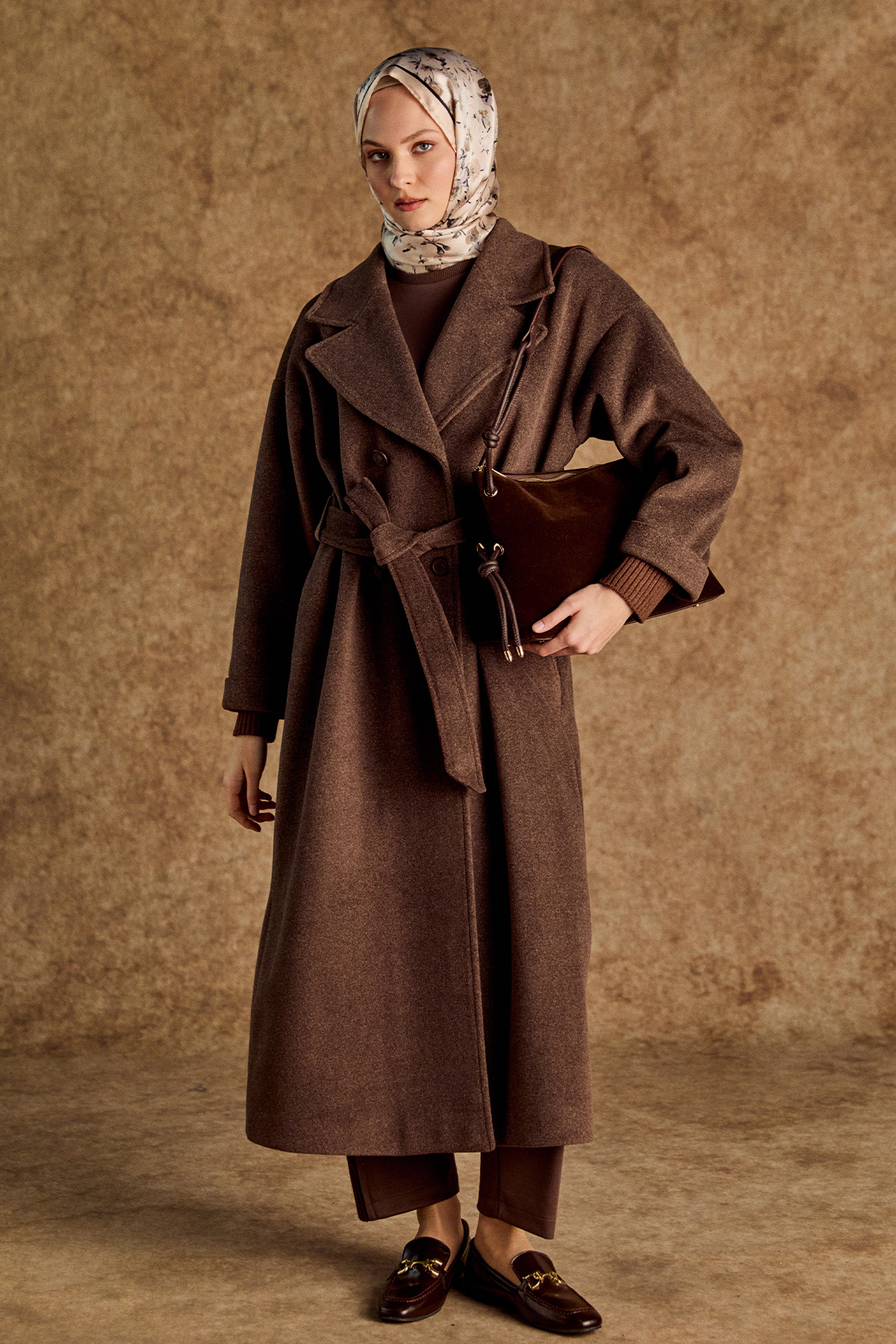 Ceket Yakalı Kuşaklı Kruvaze Kaşe Kaban