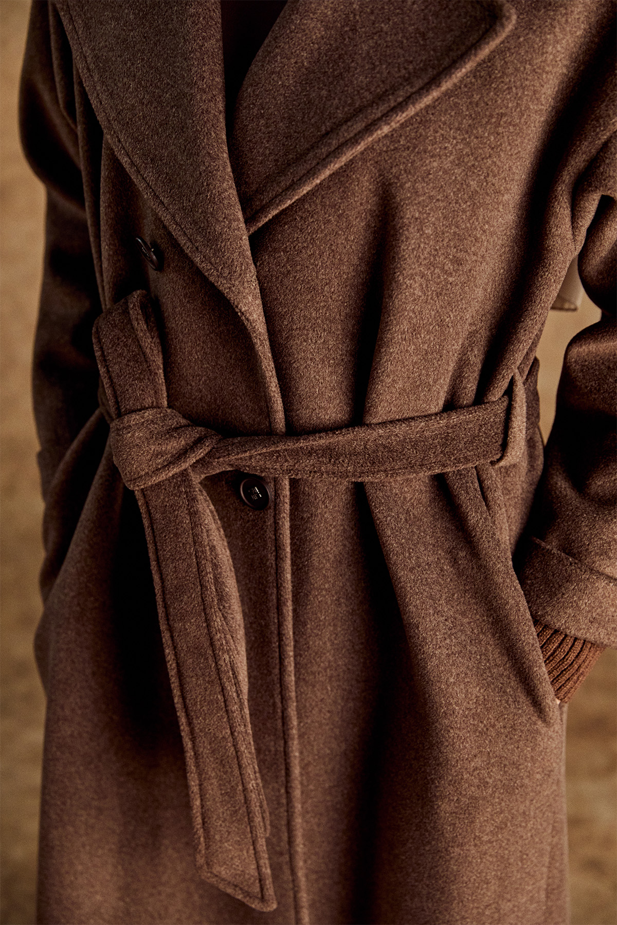 Ceket Yakalı Kuşaklı Kruvaze Kaşe Kaban