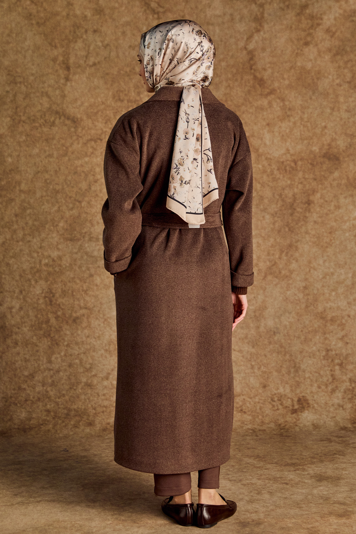 Ceket Yakalı Kuşaklı Kruvaze Kaşe Kaban