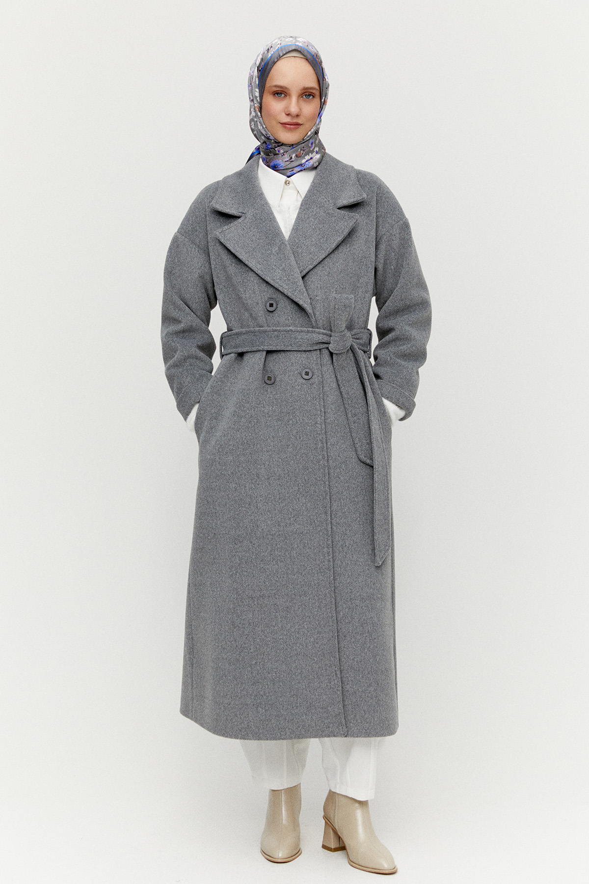 Ceket Yakalı Kuşaklı Kruvaze Kaşe Kaban