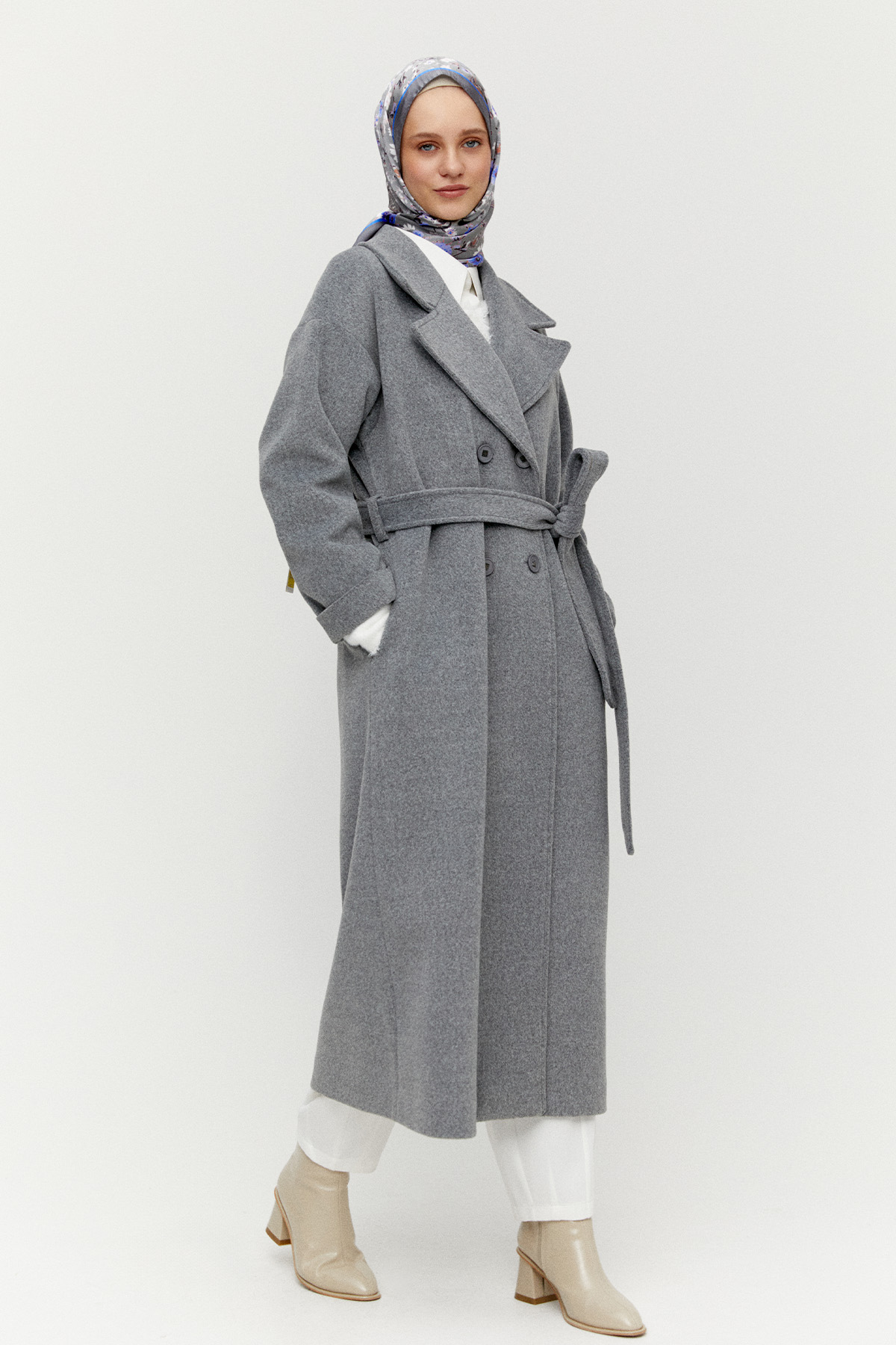 Ceket Yakalı Kuşaklı Kruvaze Kaşe Kaban