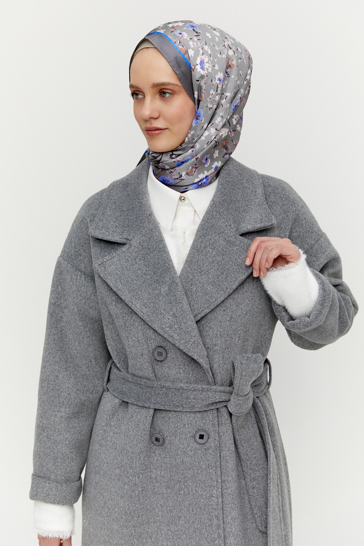 Ceket Yakalı Kuşaklı Kruvaze Kaşe Kaban