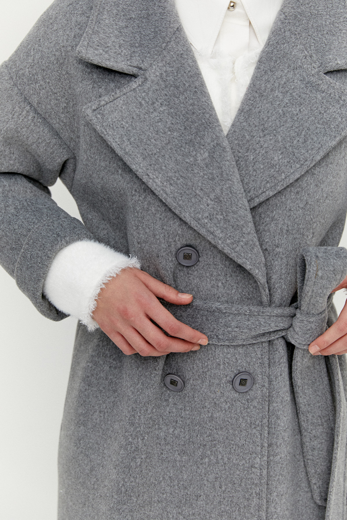 Ceket Yakalı Kuşaklı Kruvaze Kaşe Kaban