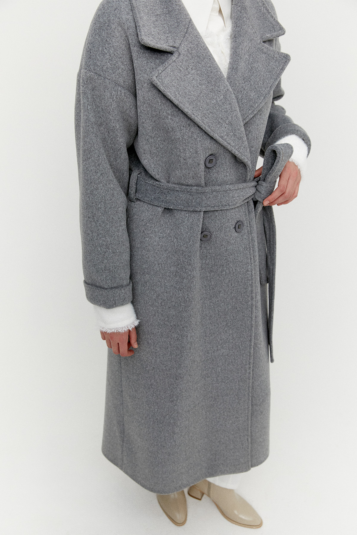 Ceket Yakalı Kuşaklı Kruvaze Kaşe Kaban