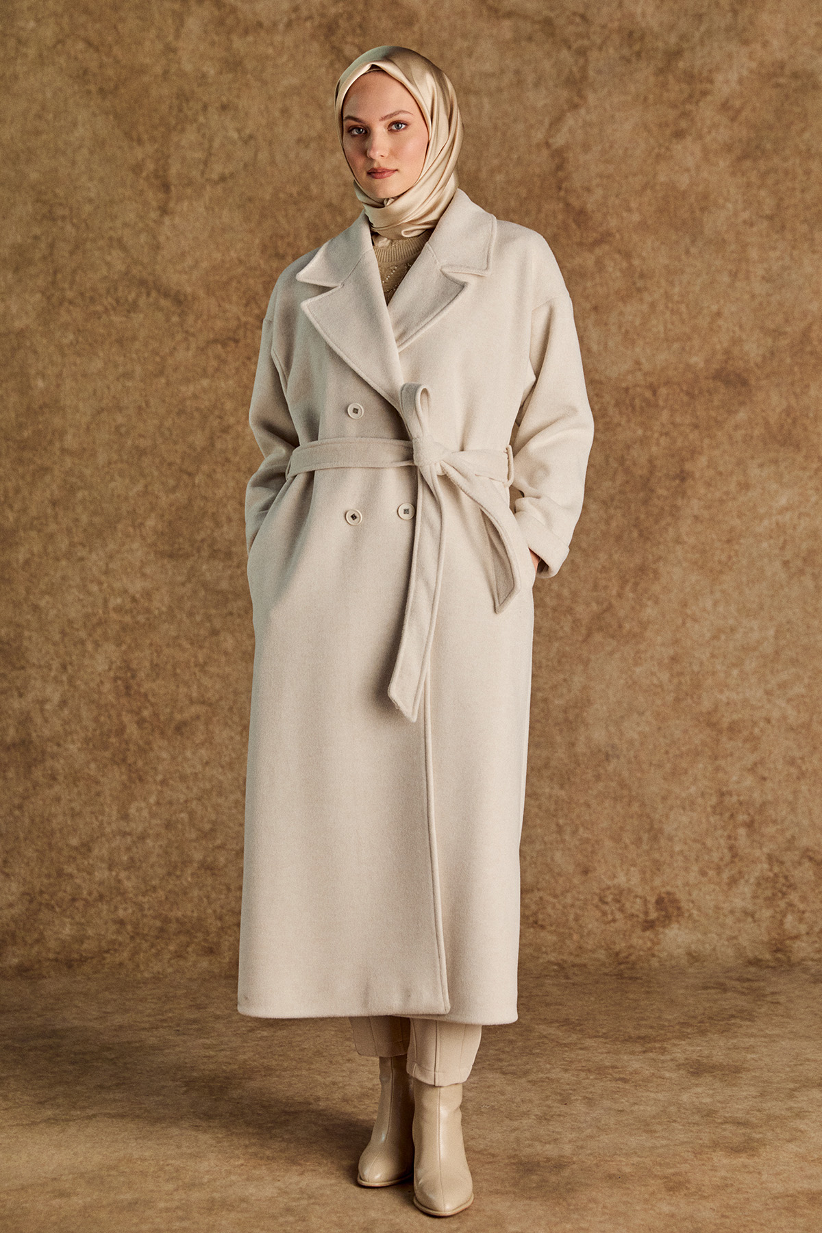 Ceket Yakalı Kuşaklı Kruvaze Kaşe Kaban