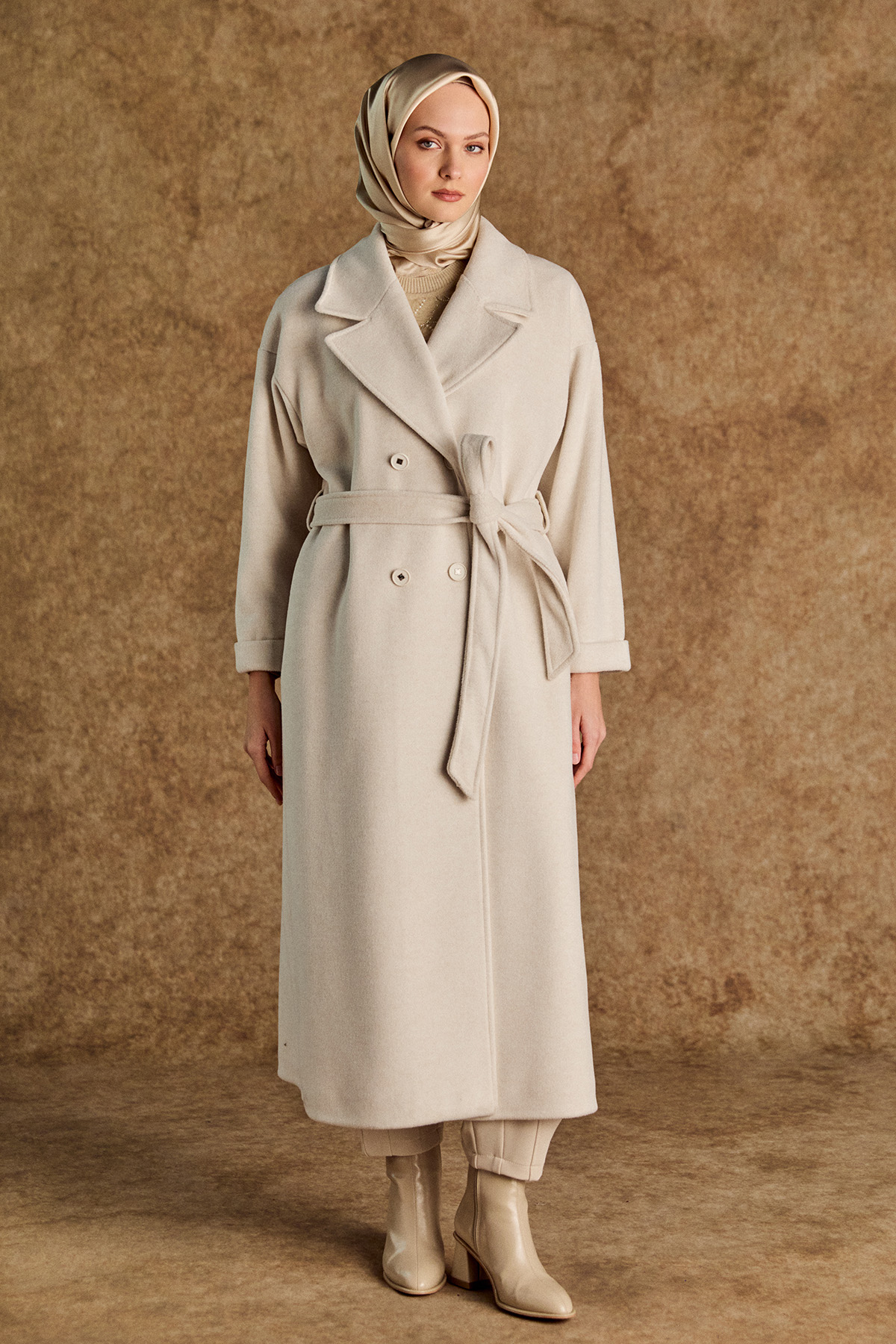 Ceket Yakalı Kuşaklı Kruvaze Kaşe Kaban