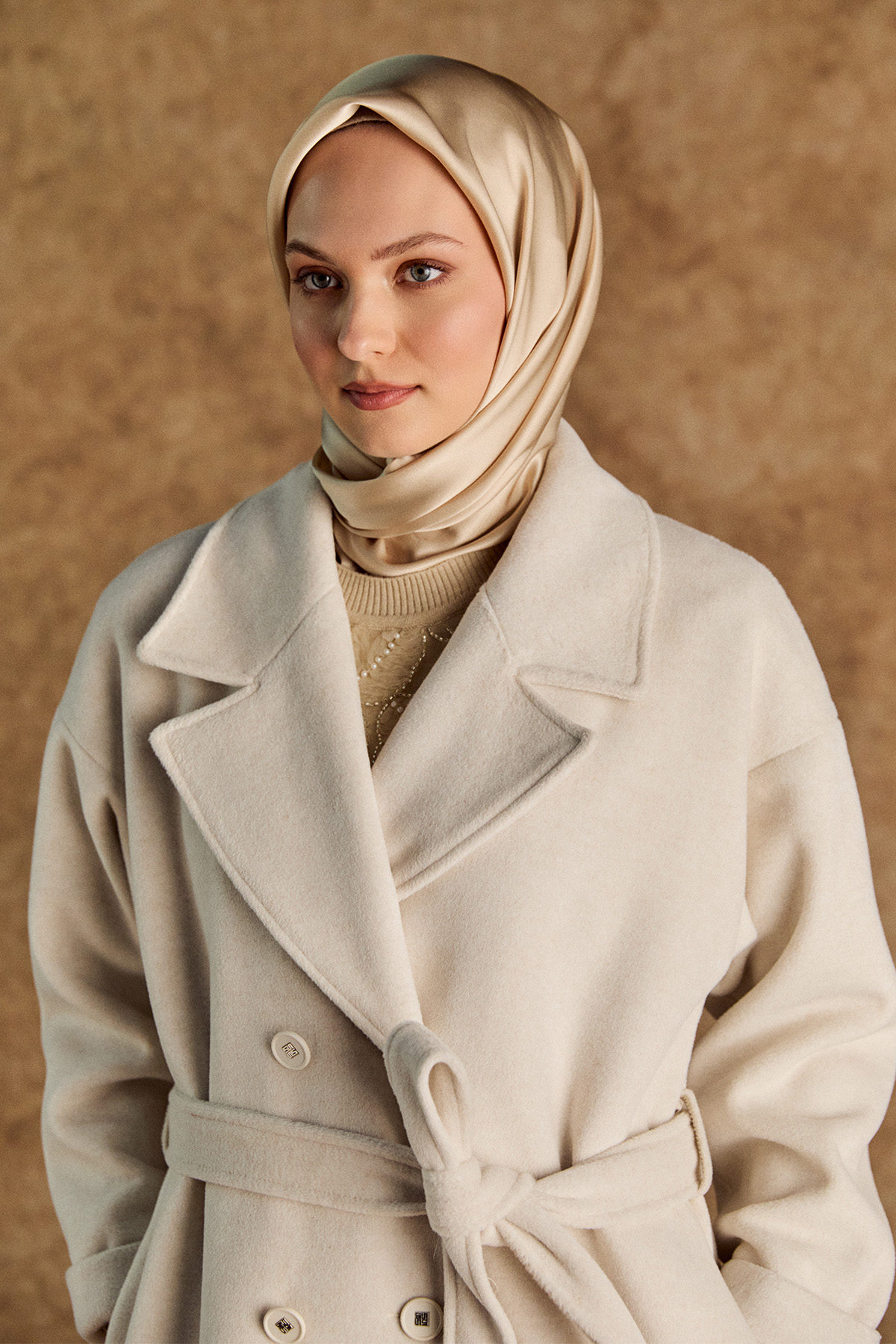 Ceket Yakalı Kuşaklı Kruvaze Kaşe Kaban