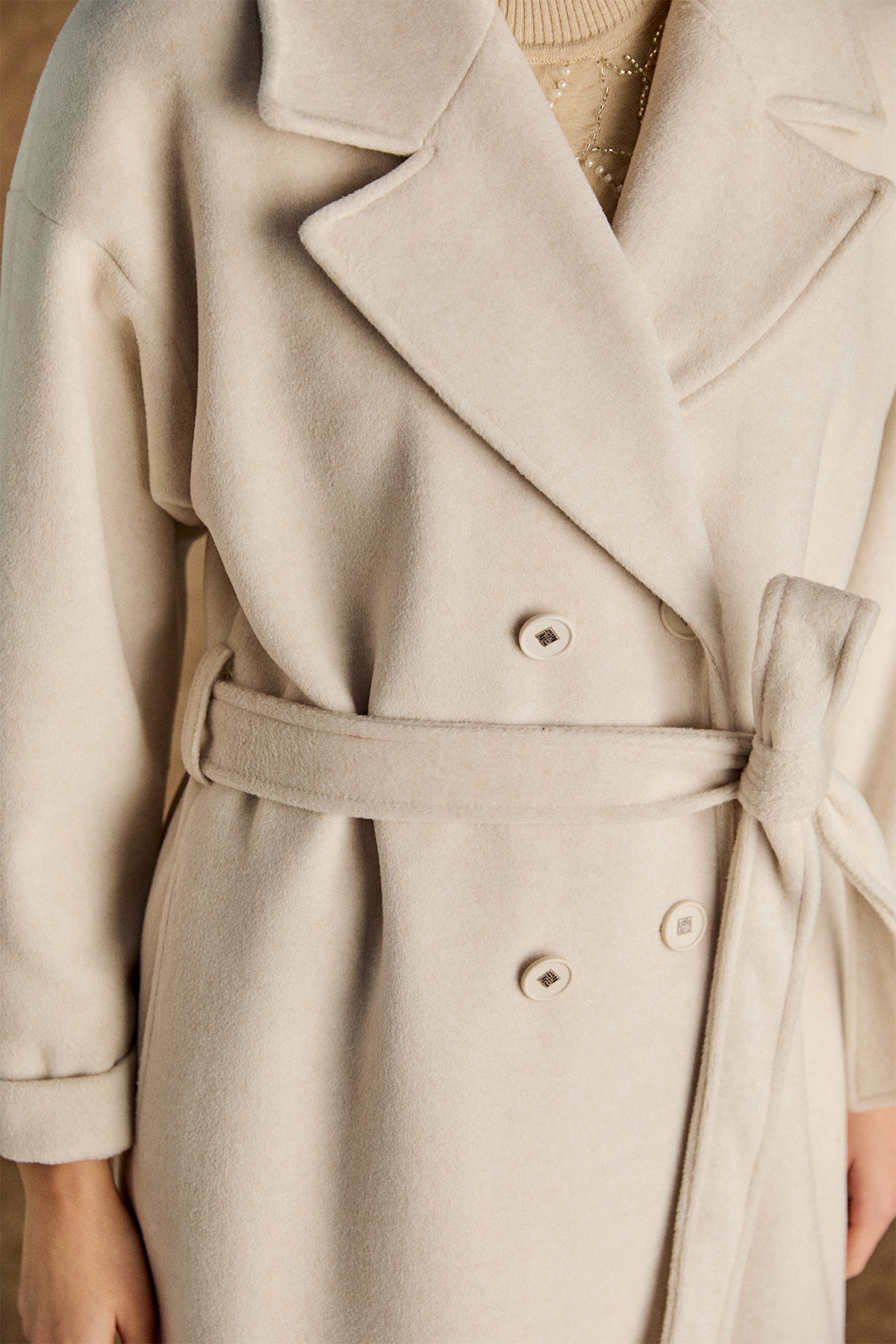 Ceket Yakalı Kuşaklı Kruvaze Kaşe Kaban