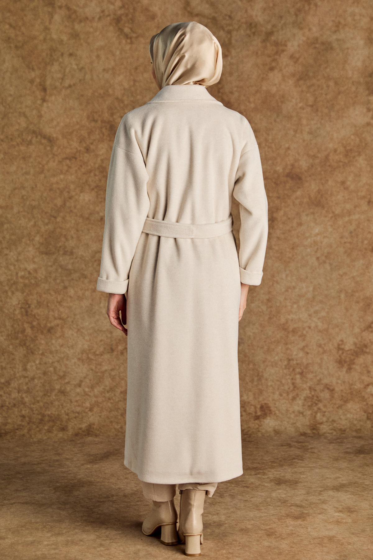 Ceket Yakalı Kuşaklı Kruvaze Kaşe Kaban