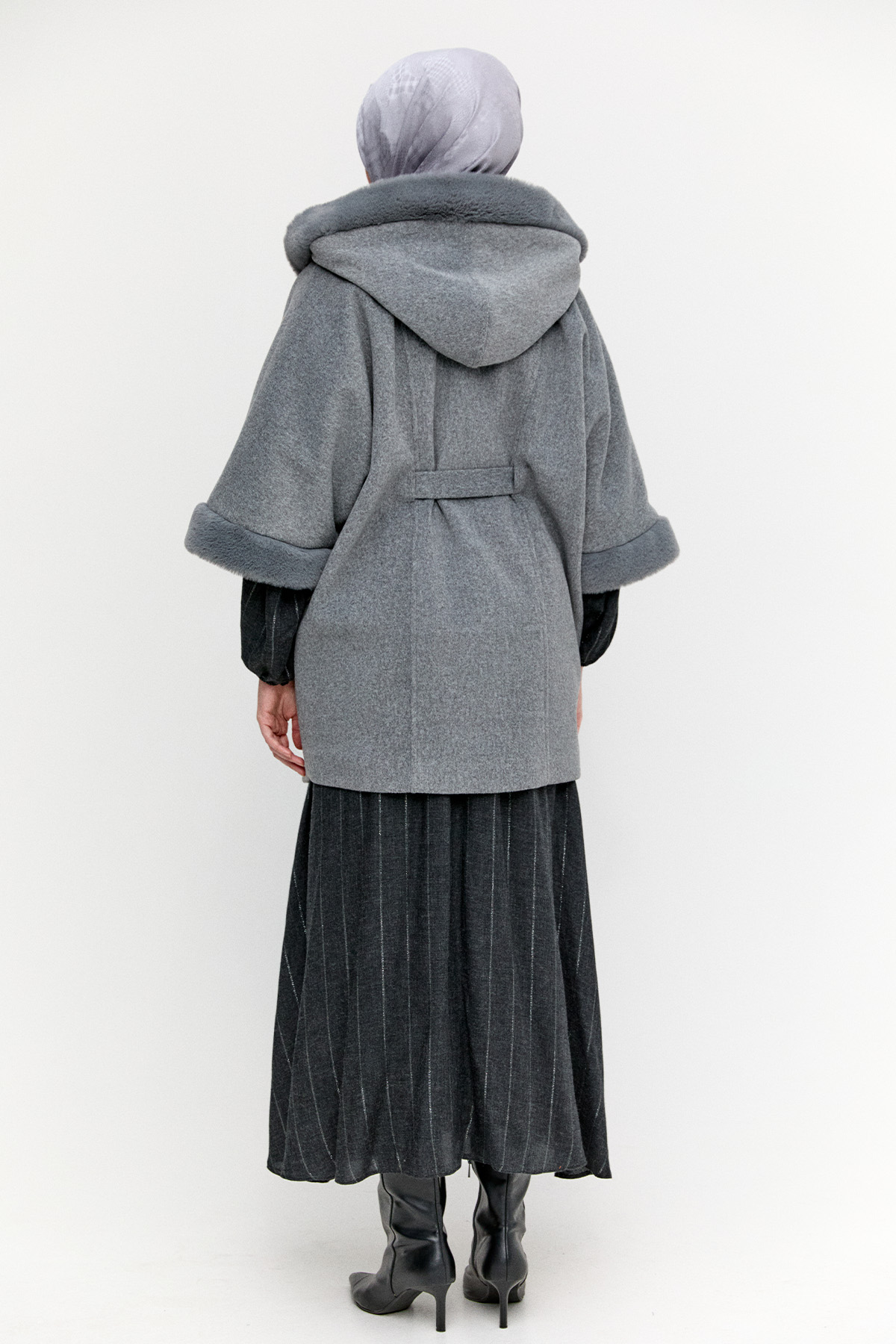 Kapüşonlu Kuşaklı Kaşe Kaban, Tesettür Giyim