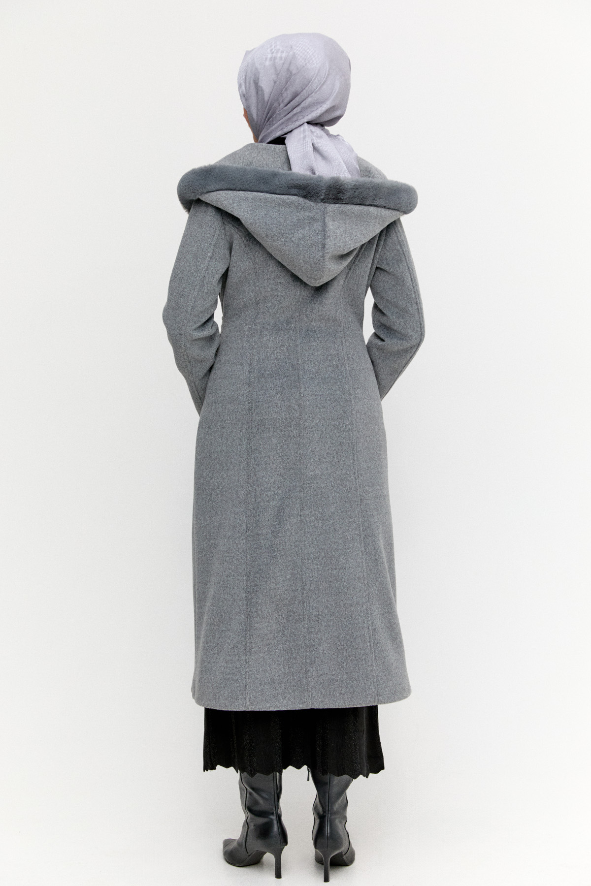 Suni Kürk Kapüşonlu Kuşaklı Kaban, Tesettür Giyim