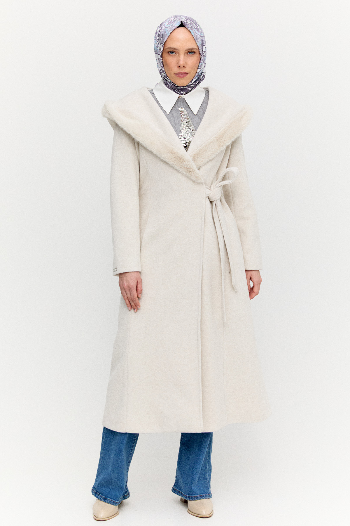 Suni Kürk Kapüşonlu Kuşaklı Kaban, Tesettür Giyim