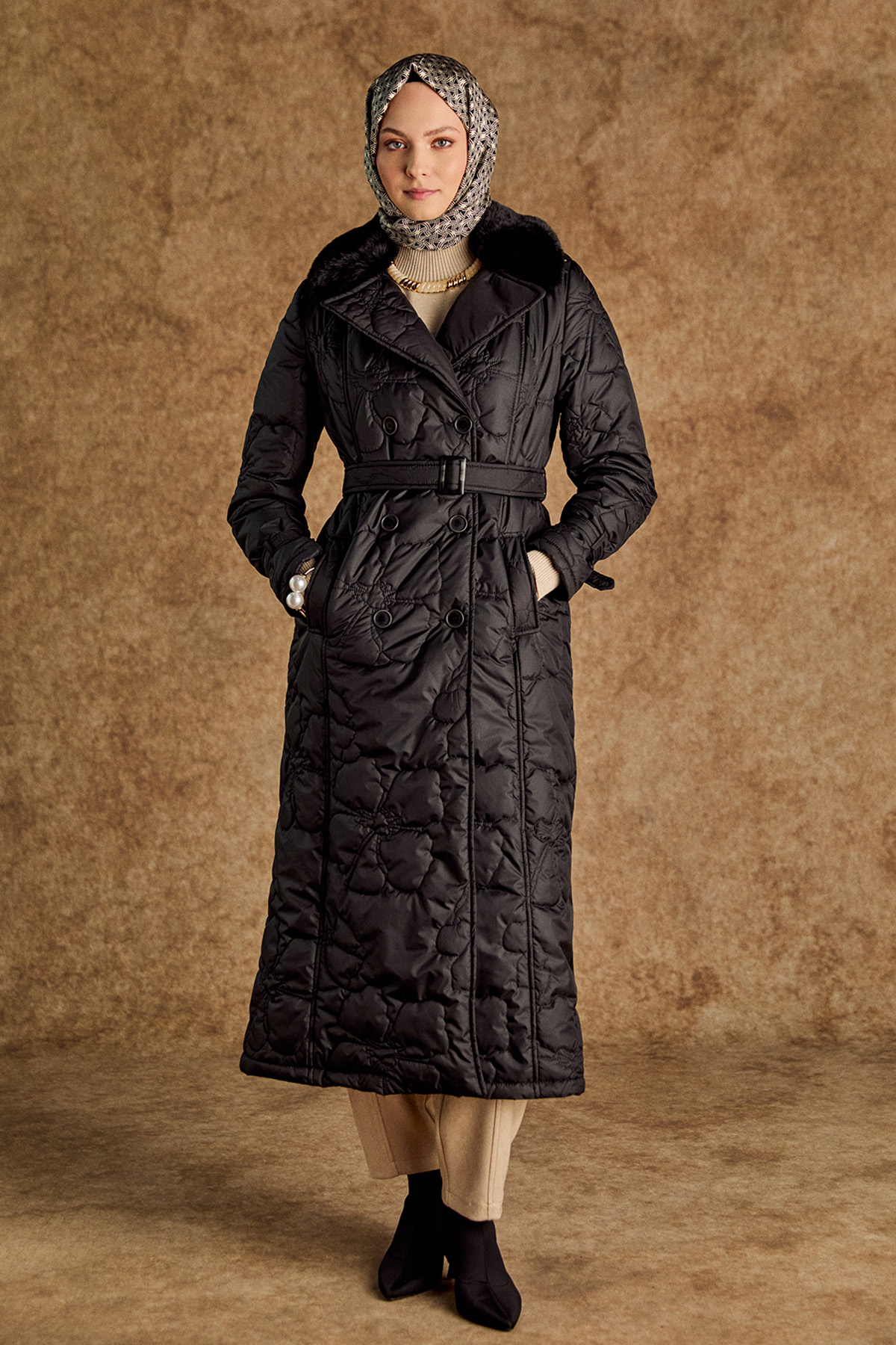 Suni Kürk Yakalı Kapitone Kruvaze Mont