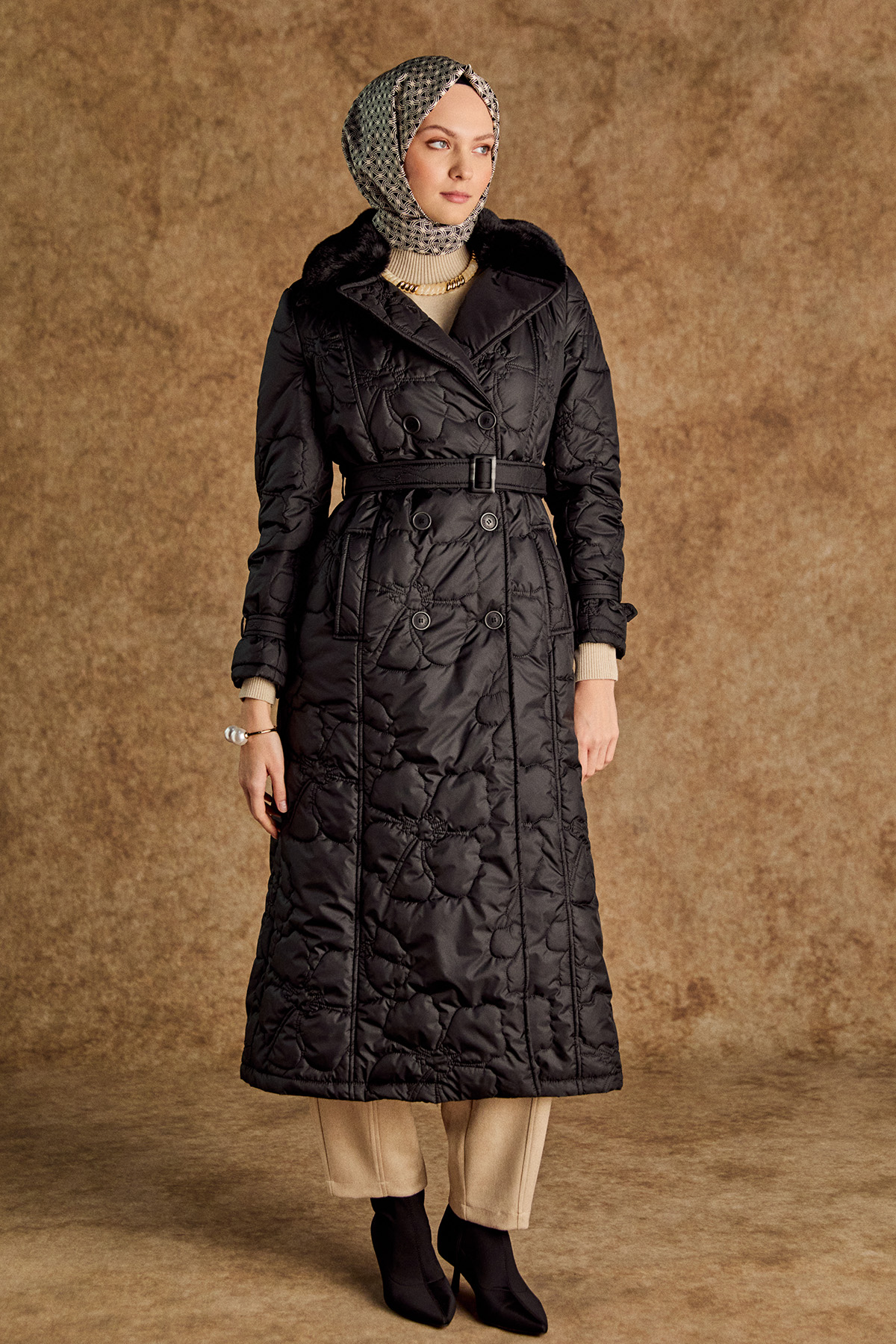 Suni Kürk Yakalı Kapitone Kruvaze Mont