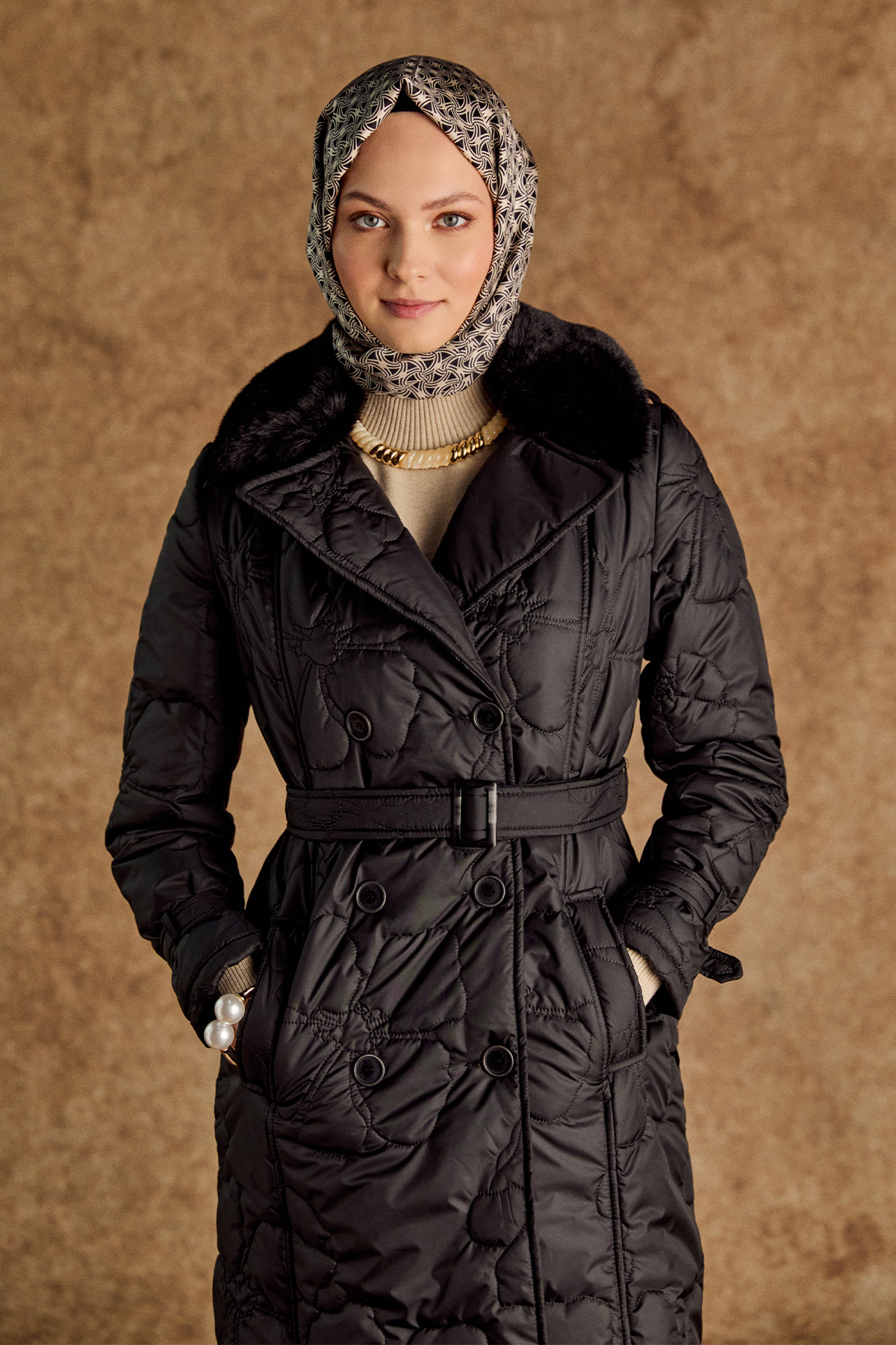 Suni Kürk Yakalı Kapitone Kruvaze Mont