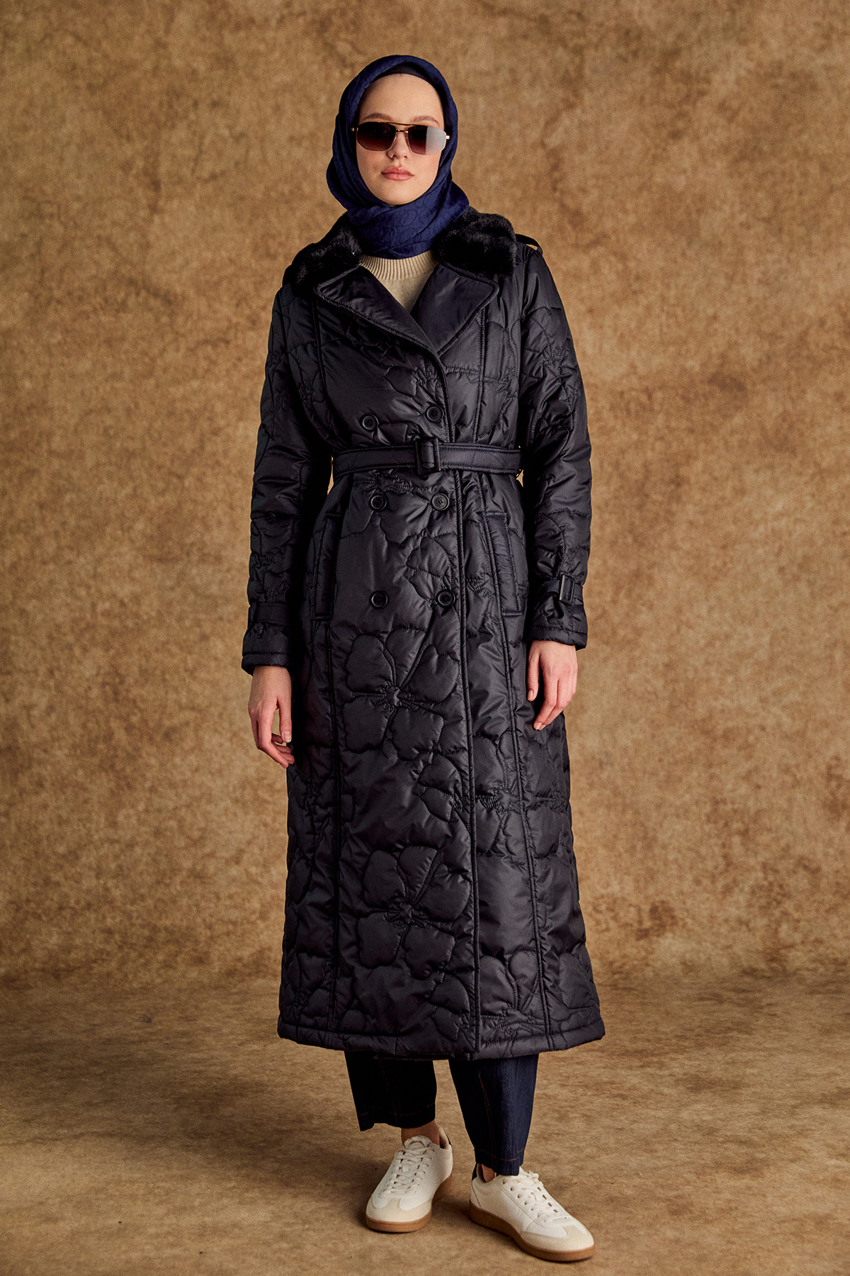 Suni Kürk Yakalı Kapitone Kruvaze Mont