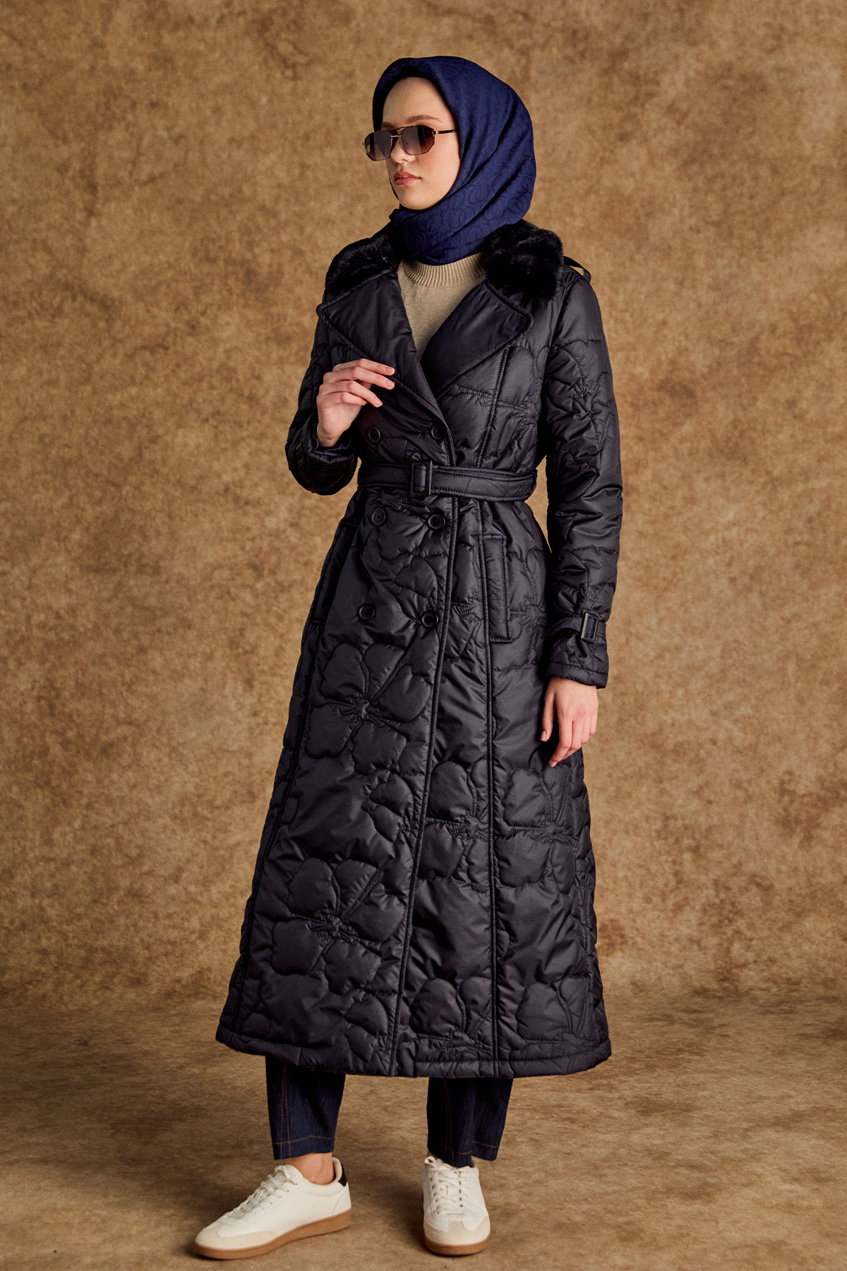 Suni Kürk Yakalı Kapitone Kruvaze Mont