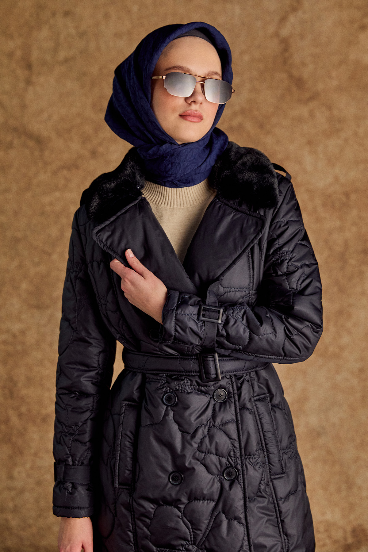 Suni Kürk Yakalı Kapitone Kruvaze Mont