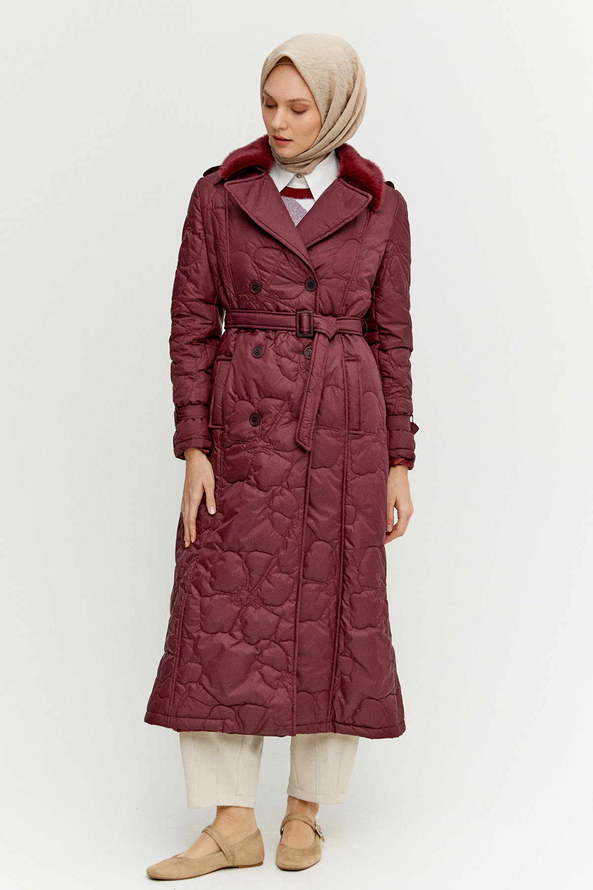 Çiçekli Kapitone Kruvaze Mont, Tesettür Giyim