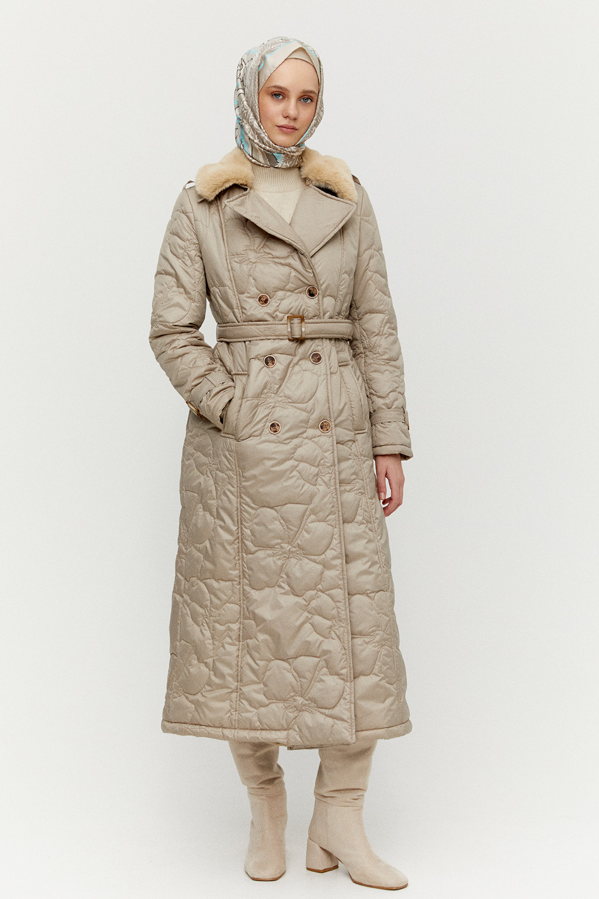 Suni Kürk Yakalı Kapitone Kruvaze Mont