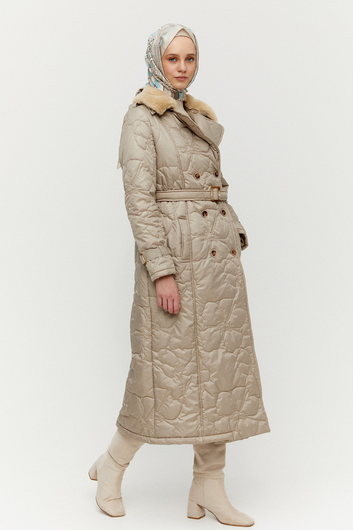 Suni Kürk Yakalı Kapitone Kruvaze Mont