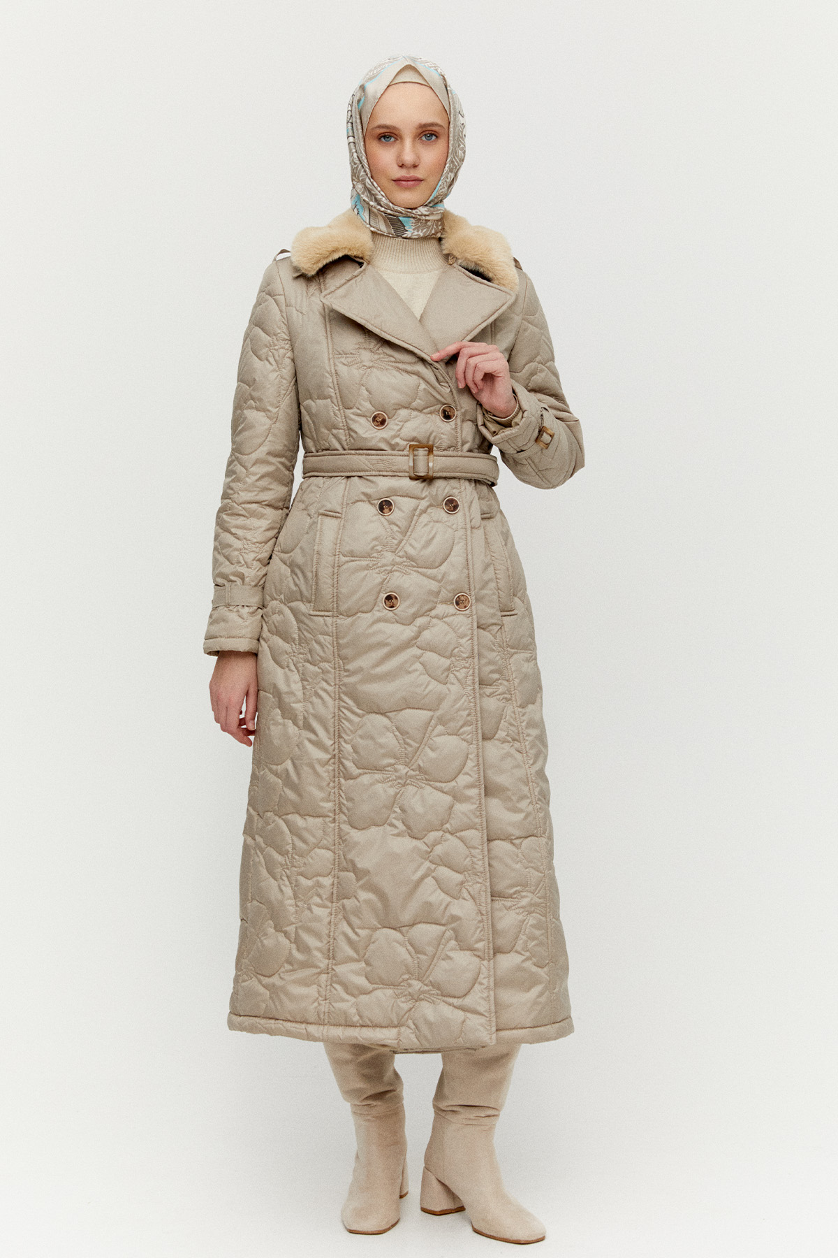 Suni Kürk Yakalı Kapitone Kruvaze Mont