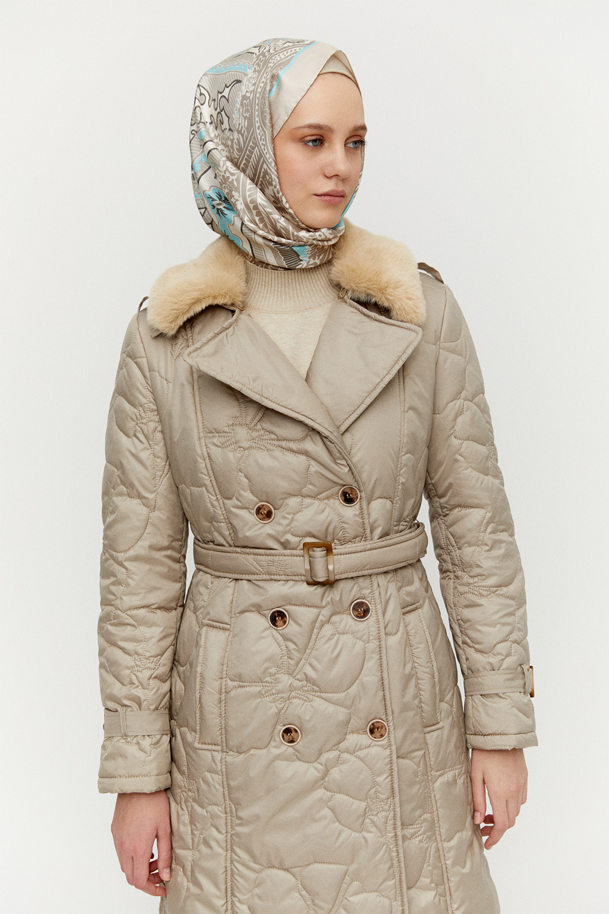 Suni Kürk Yakalı Kapitone Kruvaze Mont