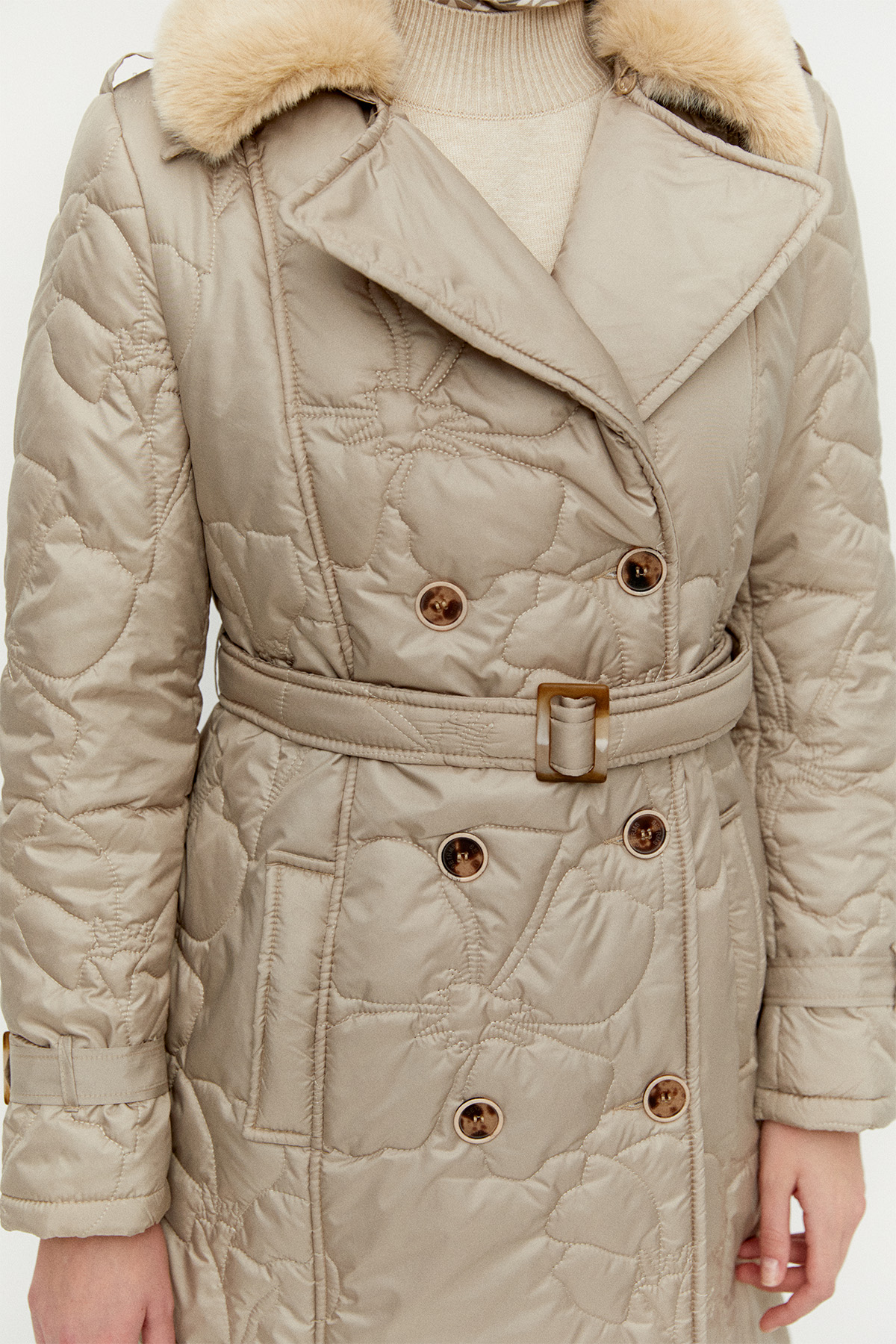 Suni Kürk Yakalı Kapitone Kruvaze Mont