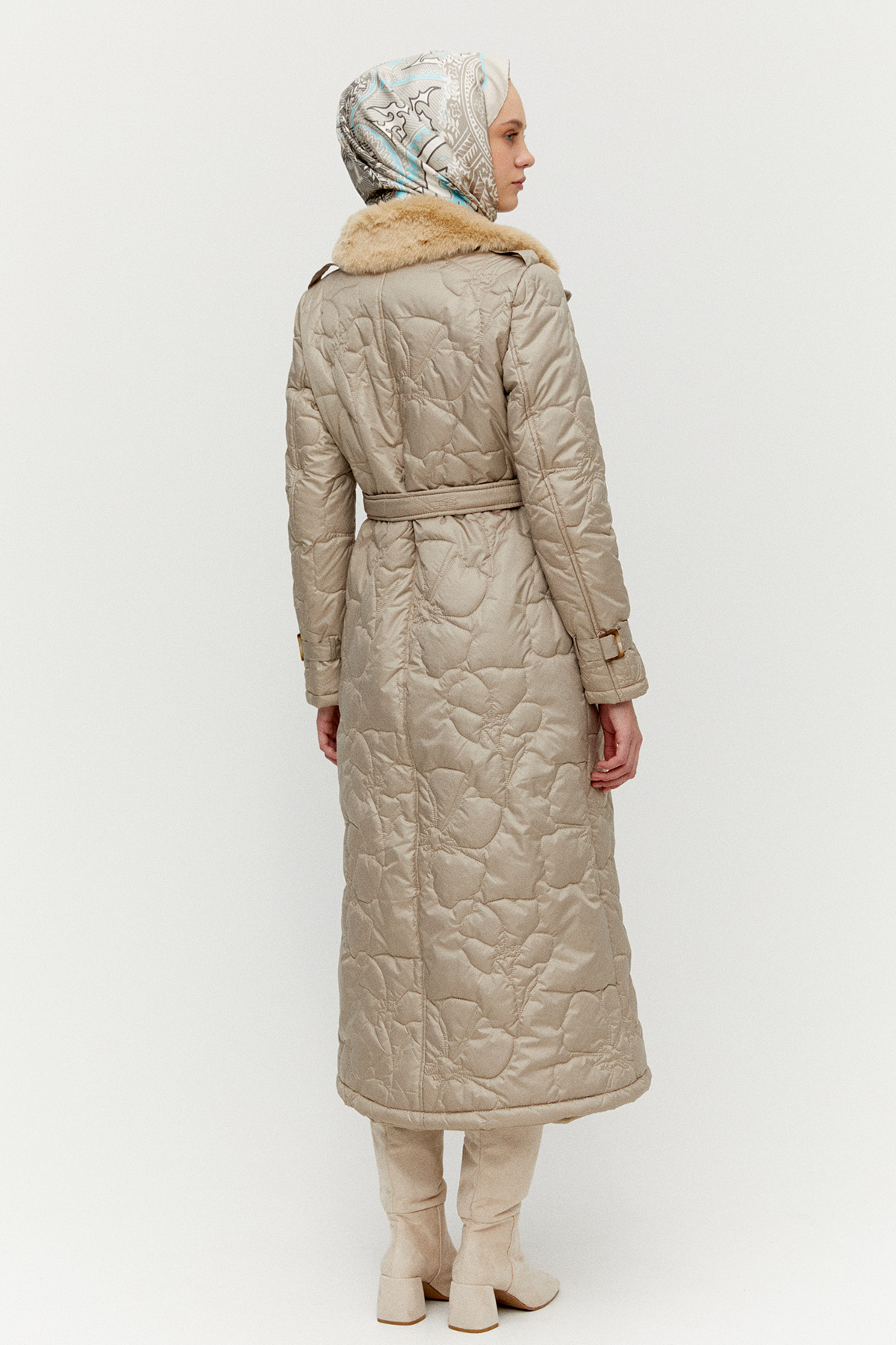 Suni Kürk Yakalı Kapitone Kruvaze Mont