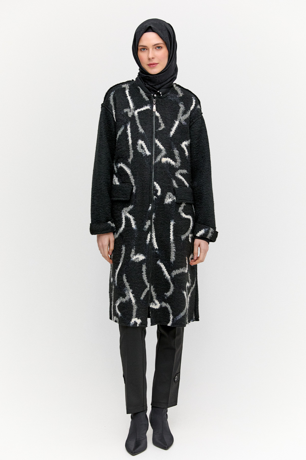 Desenli Fermuarlı Dokulu Kaban, Tesettür Giyim