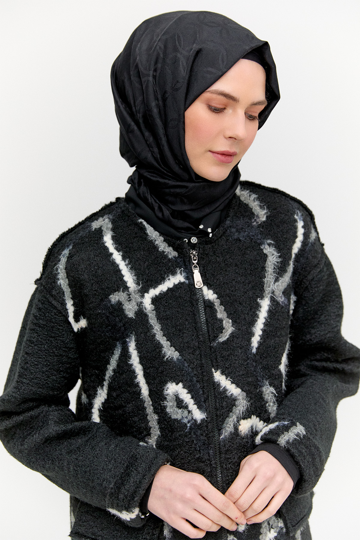 Desenli Fermuarlı Dokulu Kaban, Tesettür Giyim