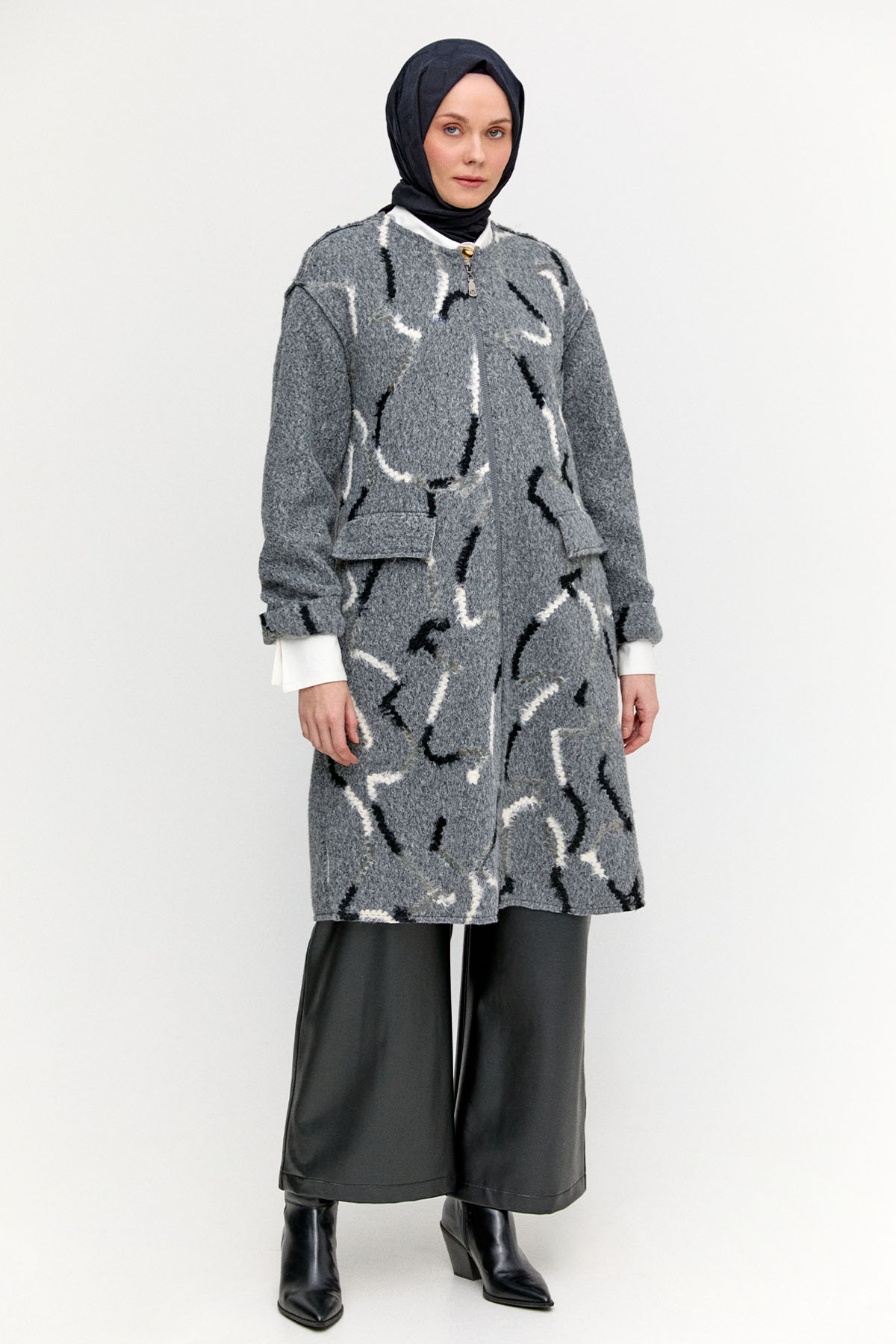 Desenli Fermuarlı Dokulu Kaban, Tesettür Giyim