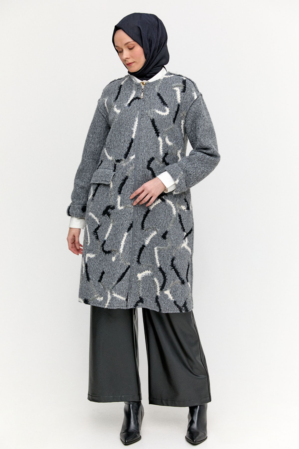Desenli Fermuarlı Dokulu Kaban, Tesettür Giyim