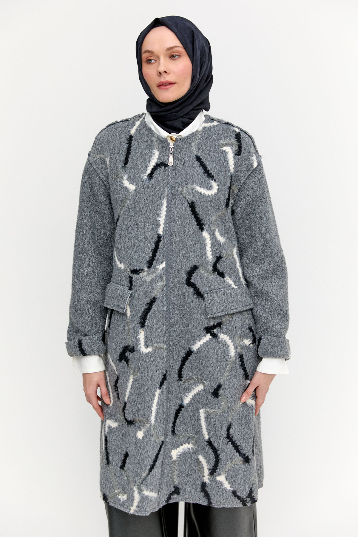 Desenli Fermuarlı Dokulu Kaban, Tesettür Giyim