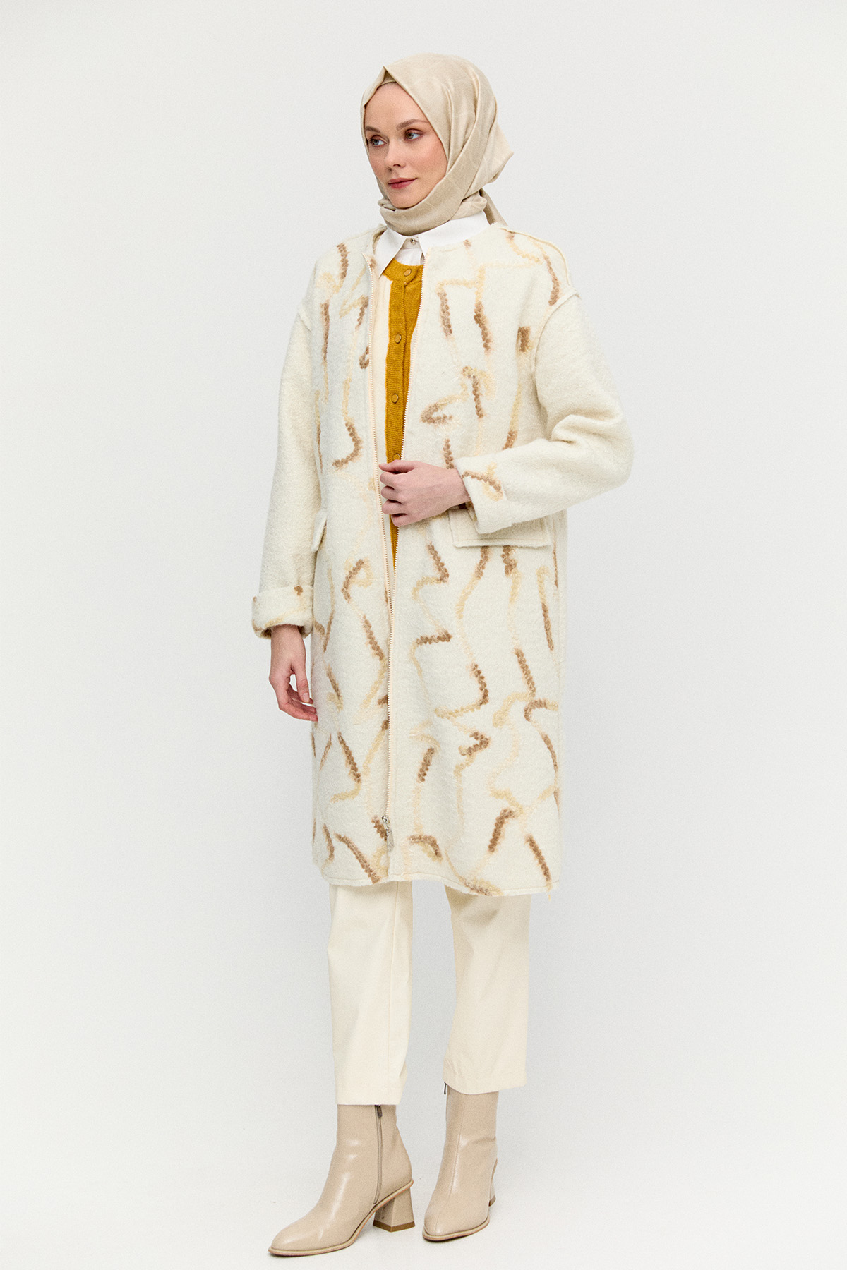 Desenli Fermuarlı Dokulu Kaban, Tesettür Giyim