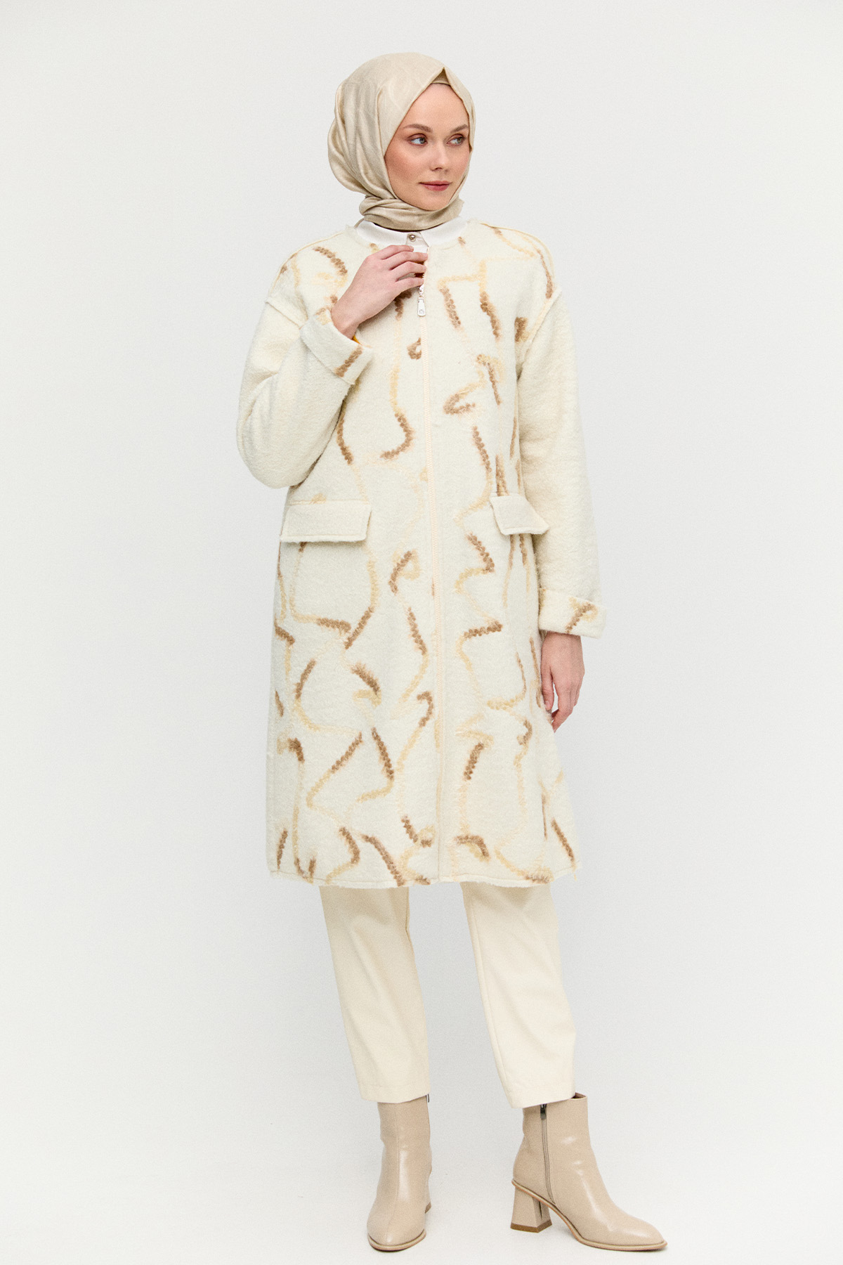 Desenli Fermuarlı Dokulu Kaban, Tesettür Giyim