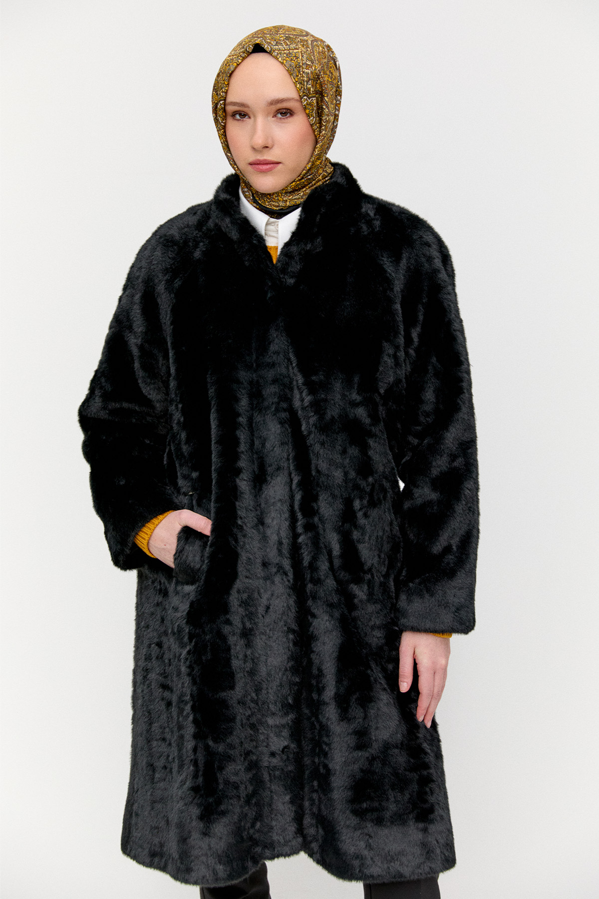 Suni Kürk Çift Cepli Kaban, Tesettür Giyim